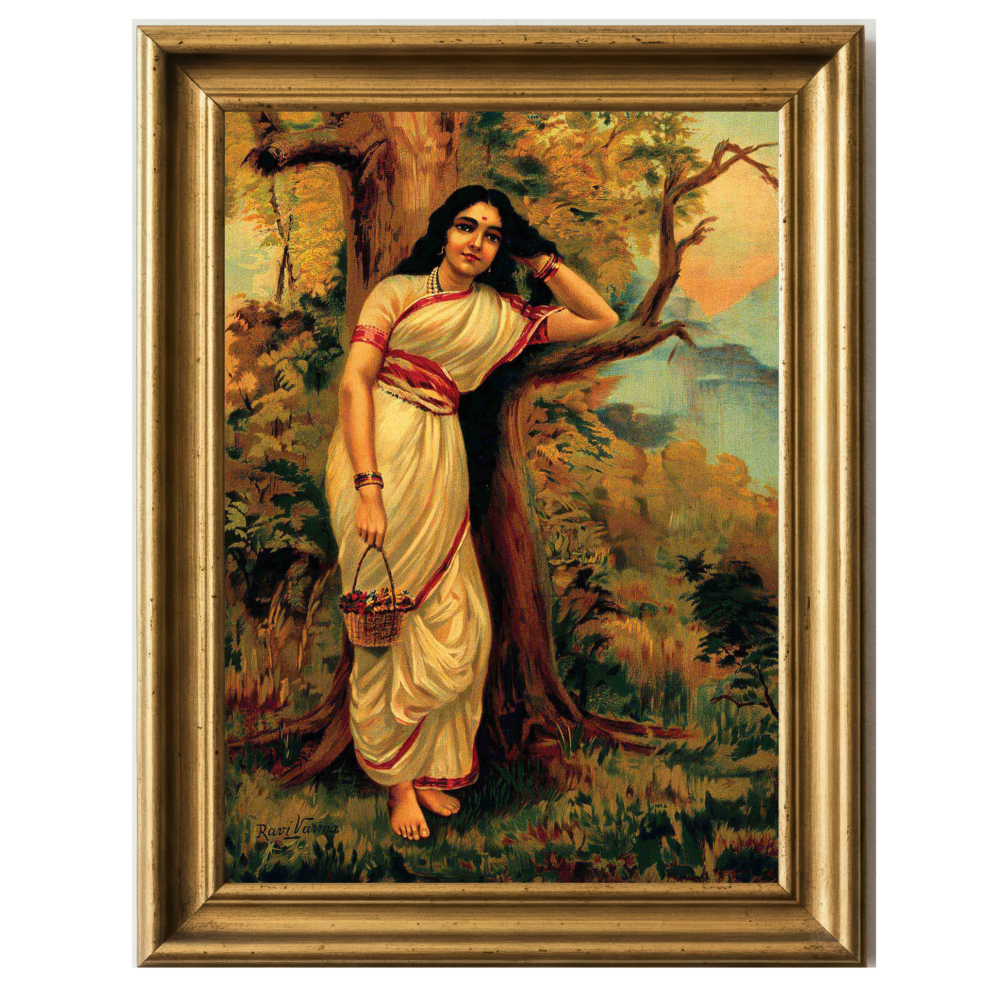 Ahalya leaning against a tree in a forest, holding a basket of flowers, wearing a white saree with red border.