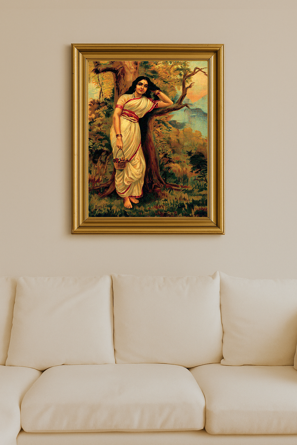 Ahalya leaning against a tree in a forest, holding a basket of flowers, wearing a white saree with red border.