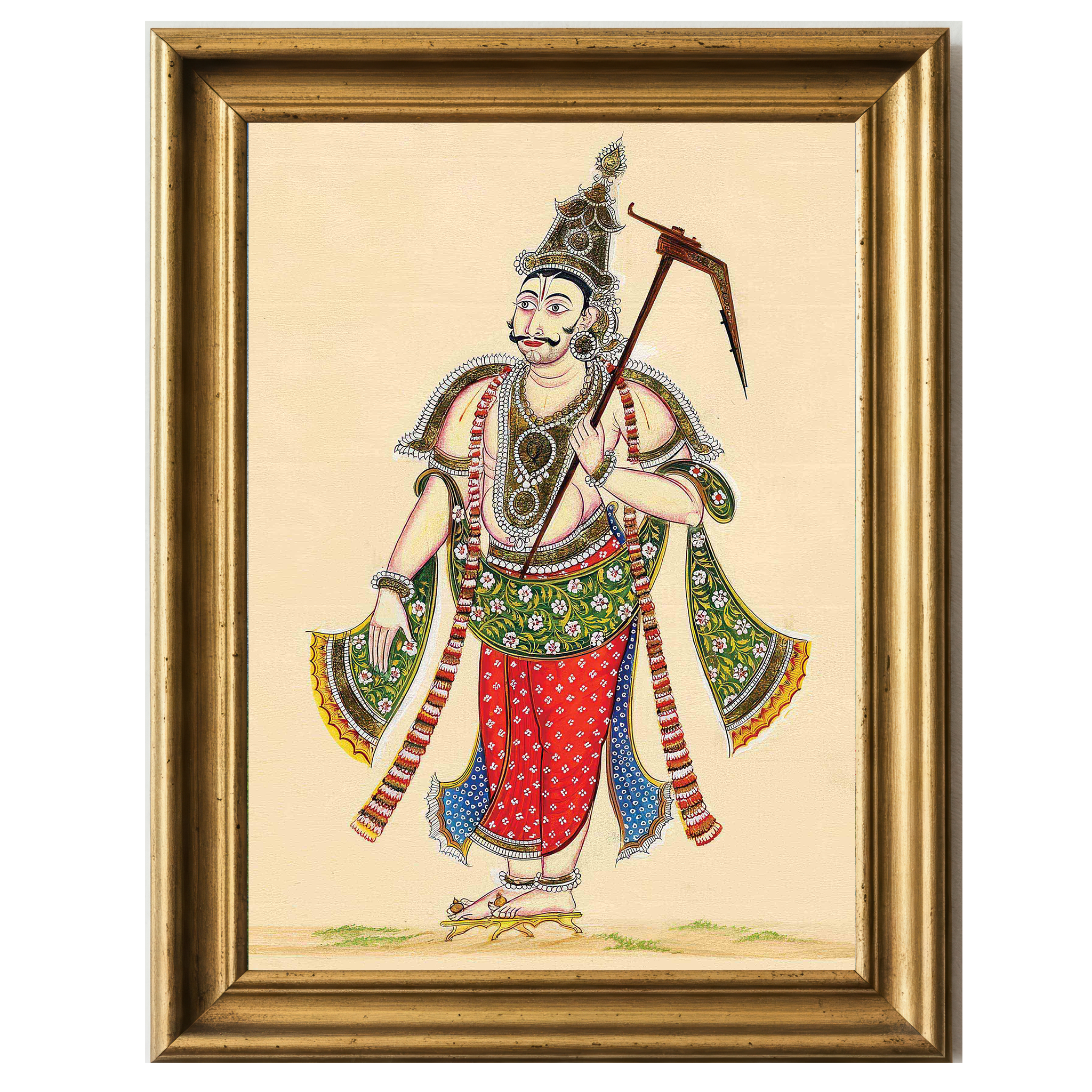 A colorful painting of Balarama holding a stick, adorned in divine attire