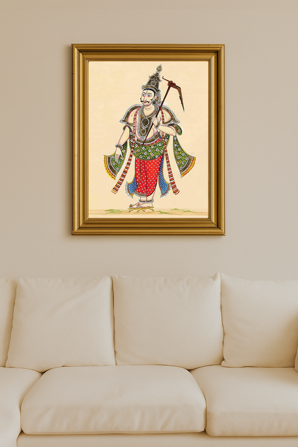 A colorful painting of Balarama holding a stick, adorned in divine attire