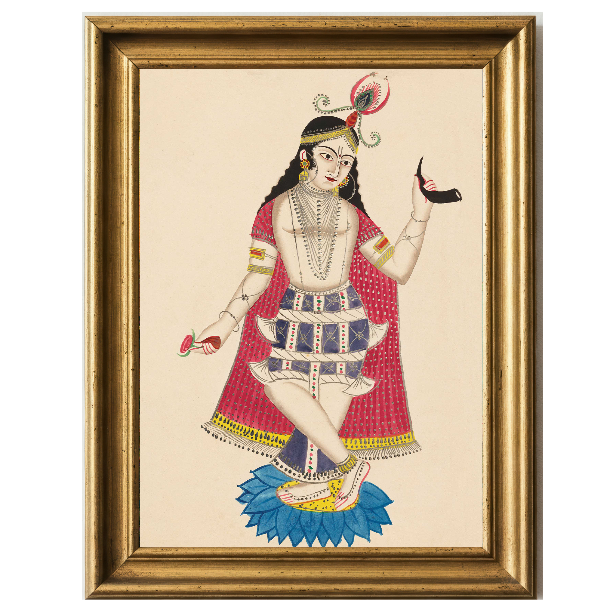 Traditional artwork of Balarama standing on a lotus with ornaments and symbolic objects