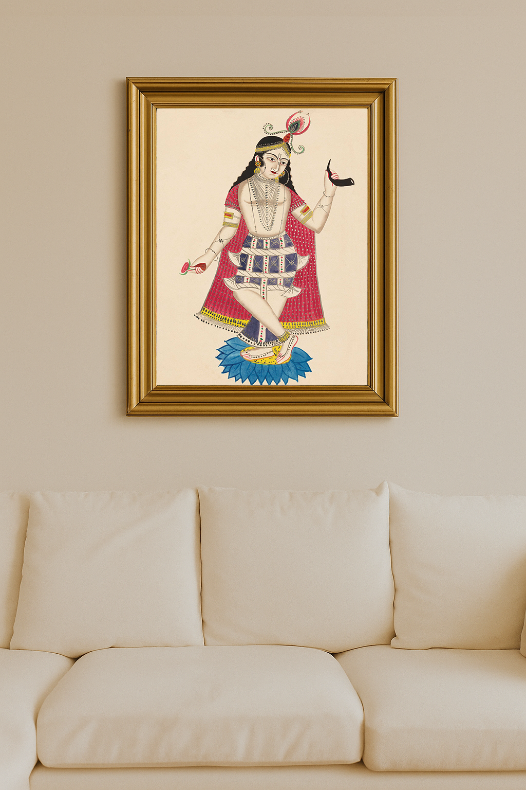 Traditional artwork of Balarama standing on a lotus with ornaments and symbolic objects