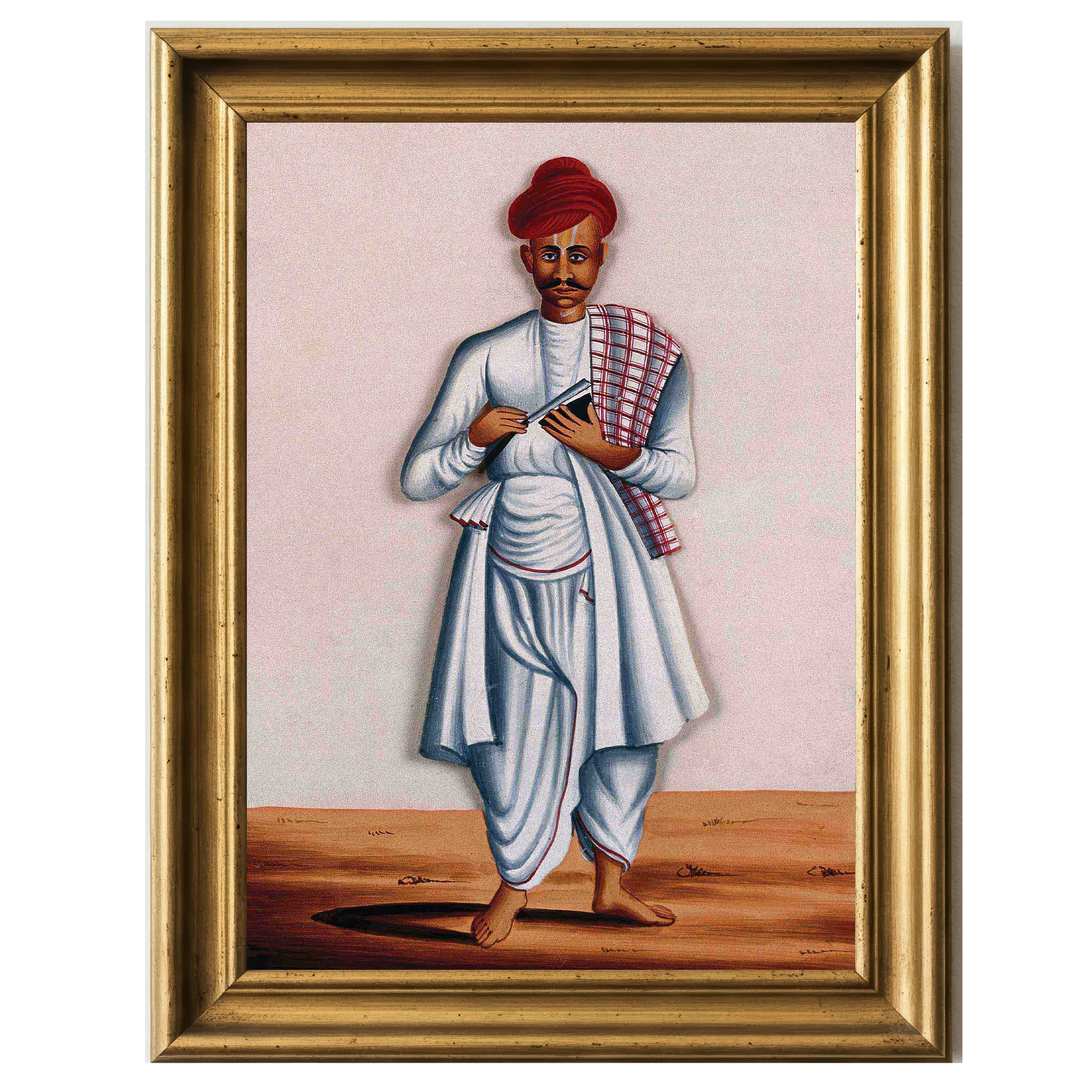 Traditional Indian barber with knife, wearing white attire and red turban, standing barefoot