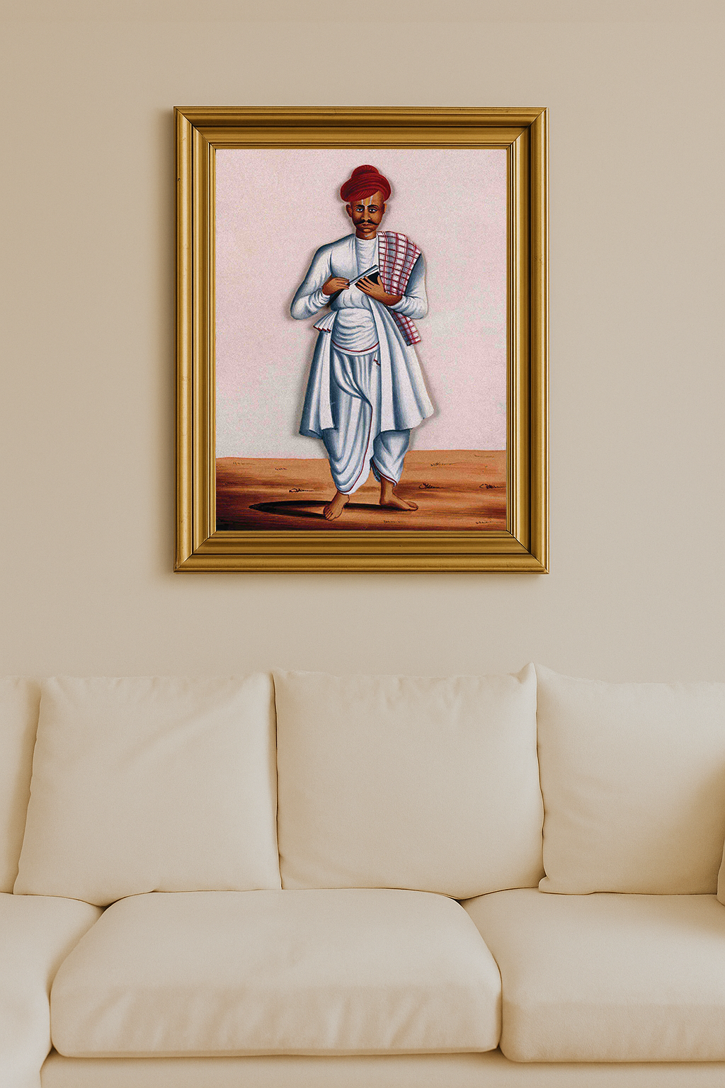 Traditional Indian barber with knife, wearing white attire and red turban, standing barefoot