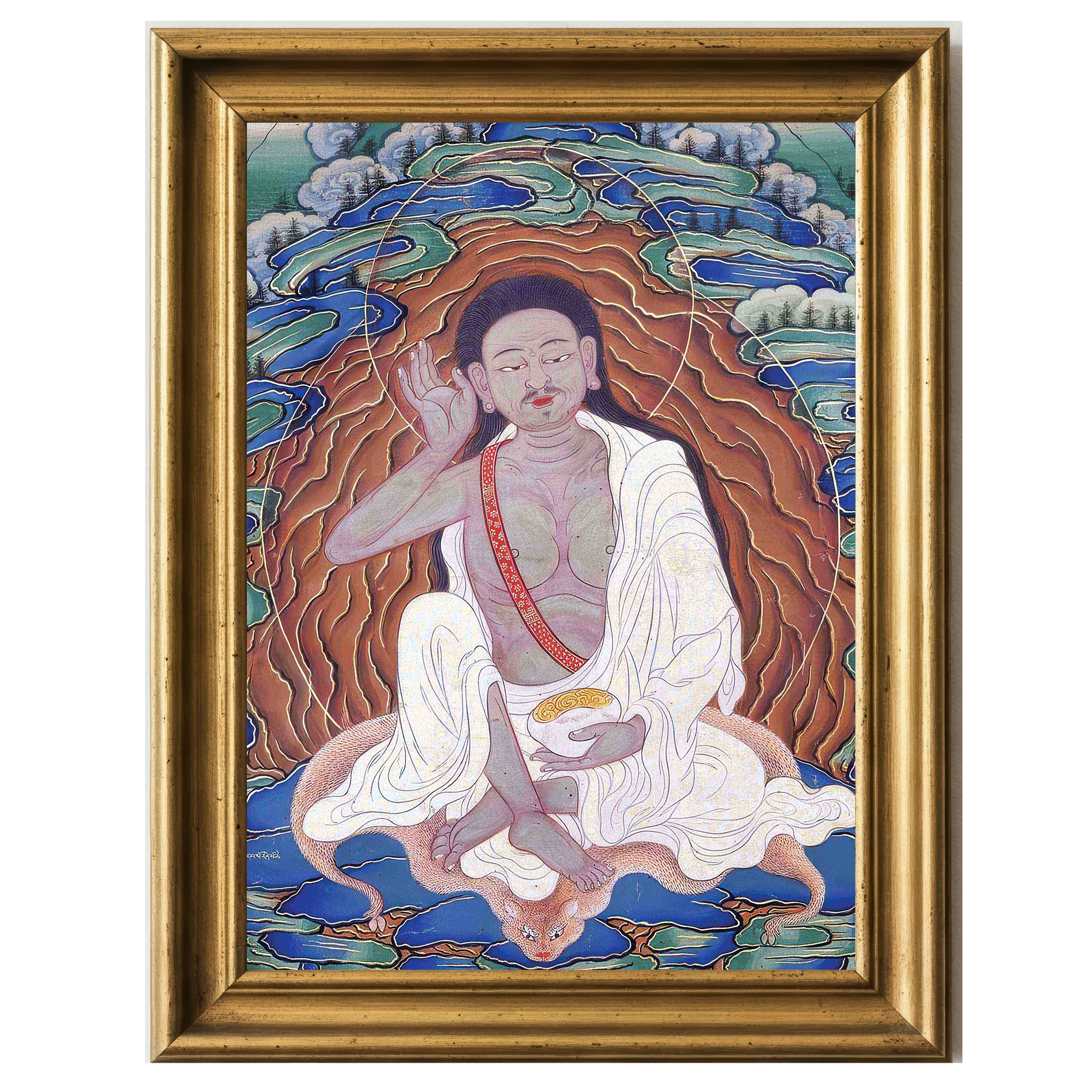 Bhutanese painted thanka of Milarepa, seated on tiger skin in meditation with one hand raised to ear.