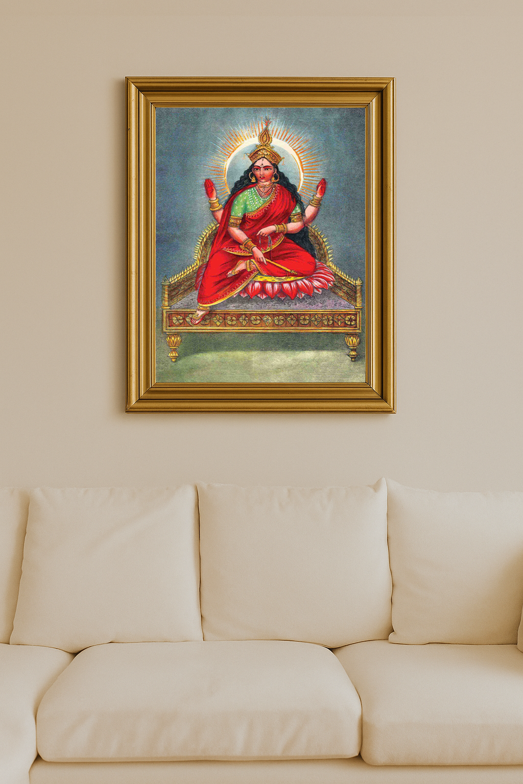Painting of Goddess Bhuvaneshvari seated on a lotus throne with four arms, halo, and red attire