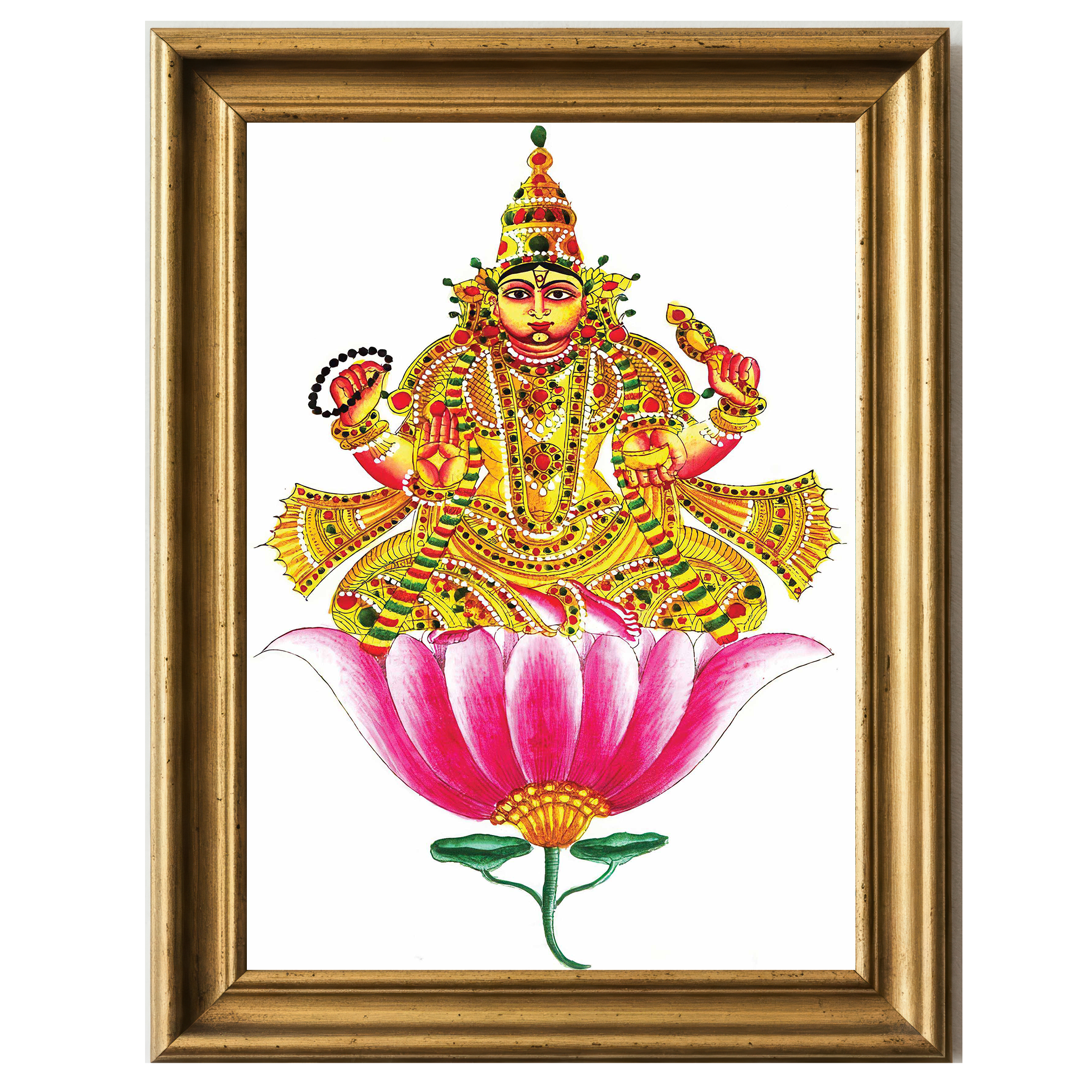 Brihaspati Graha deity adorned in golden ornaments, seated on a pink lotus.
