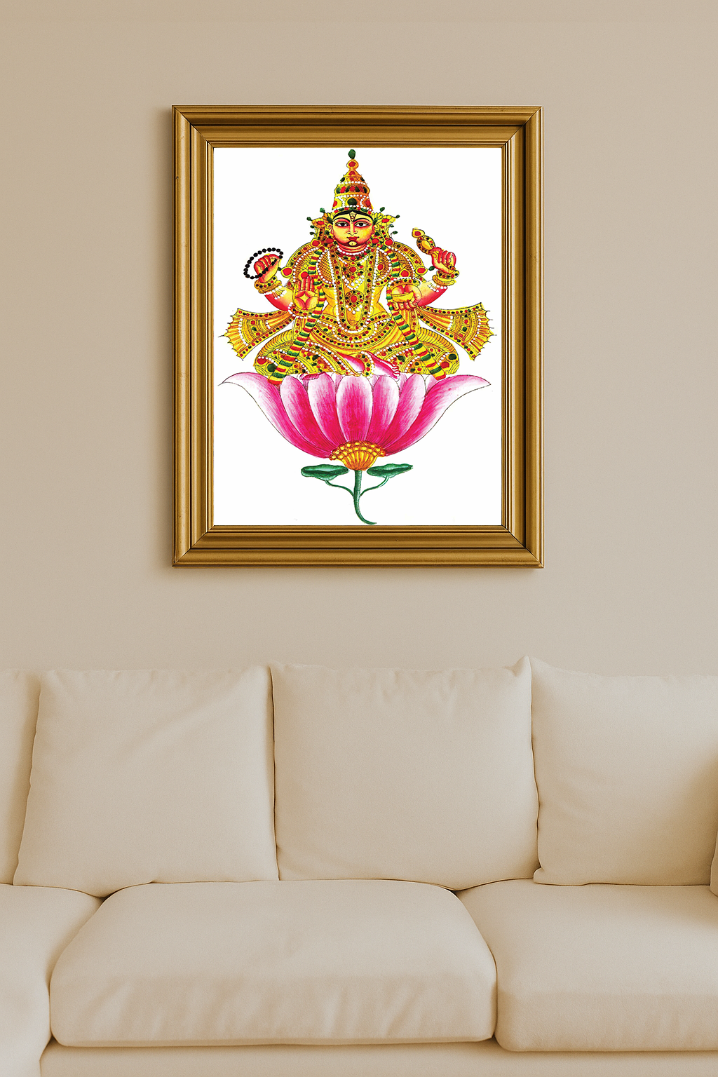 Brihaspati Graha deity adorned in golden ornaments, seated on a pink lotus.