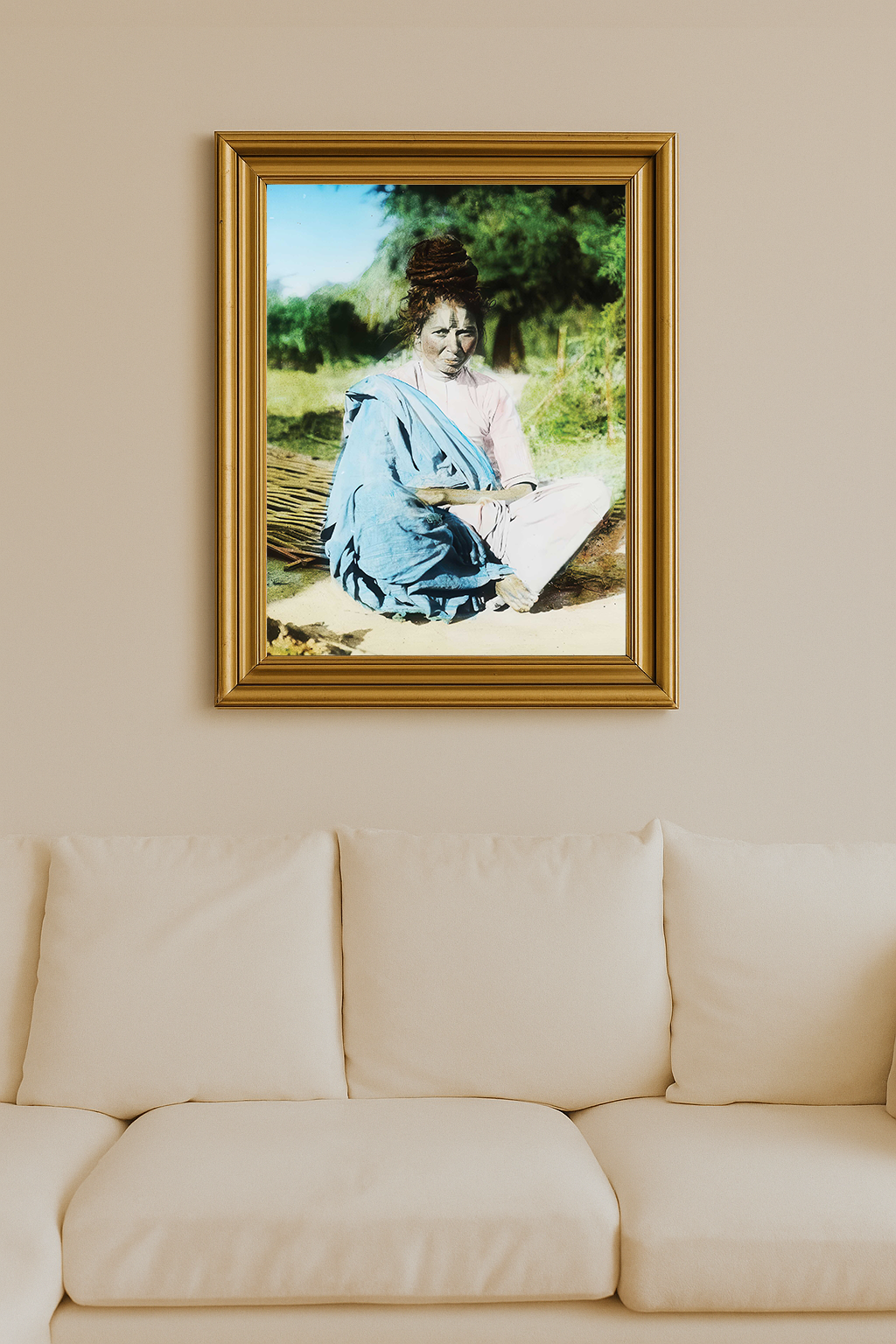 Mystic woman seated on the ground in Chanpatia, India, early 1900s