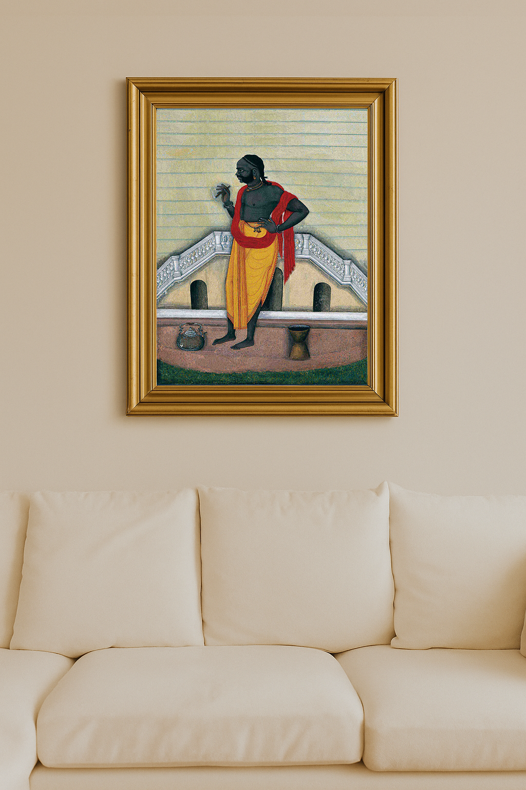 Man in yellow dhoti smoking a cigar on architectural backdrop