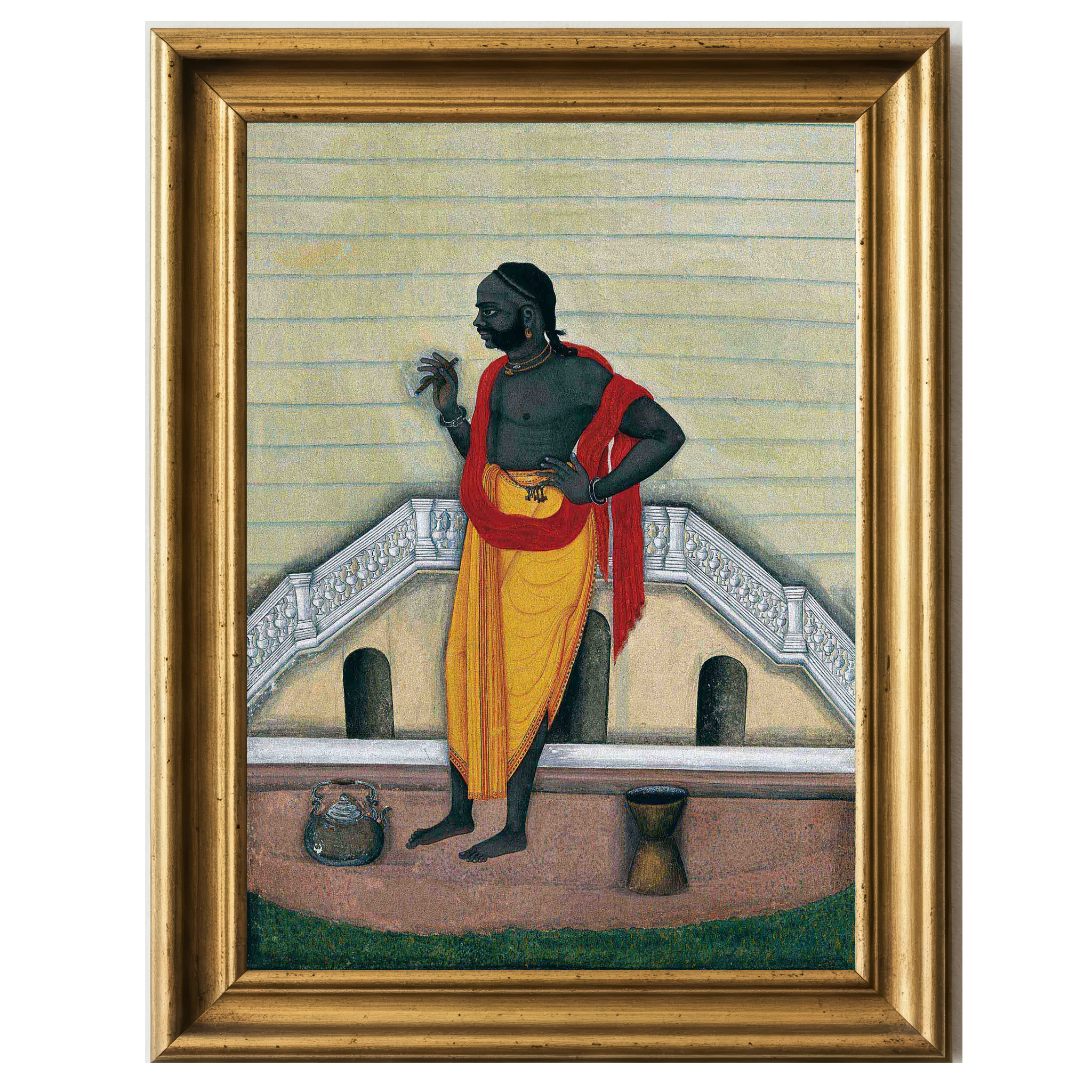 Man in yellow dhoti smoking a cigar on architectural backdrop