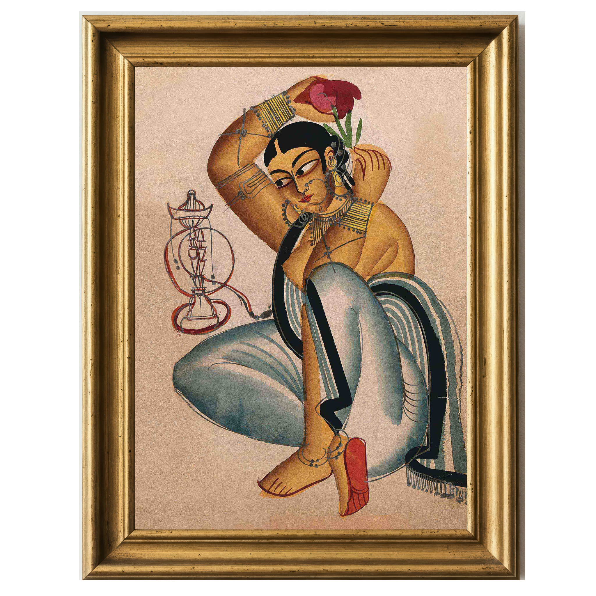 Courtesan holding a red flower with jewelry and graceful pose