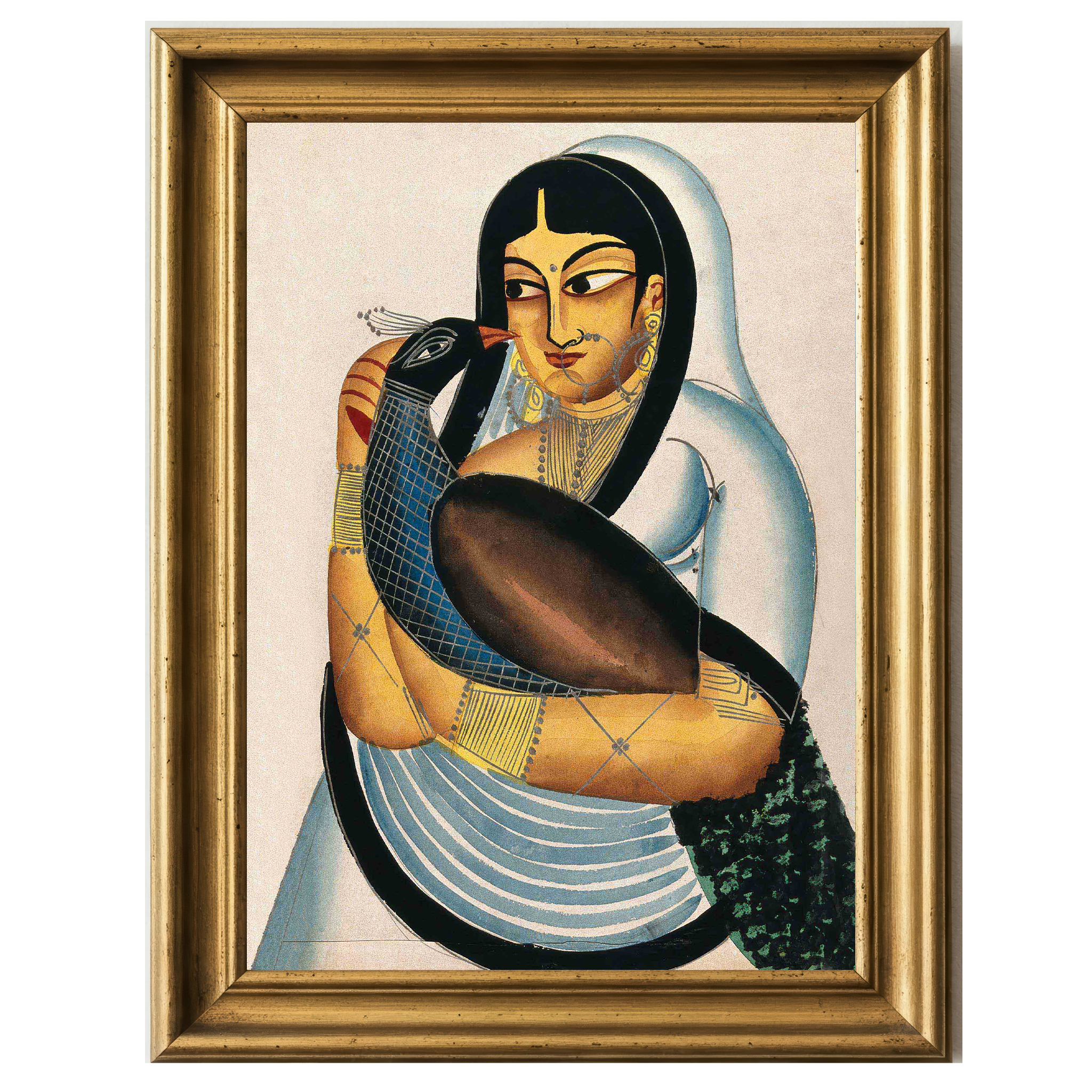 Courtesan holding a peacock in an intimate embrace