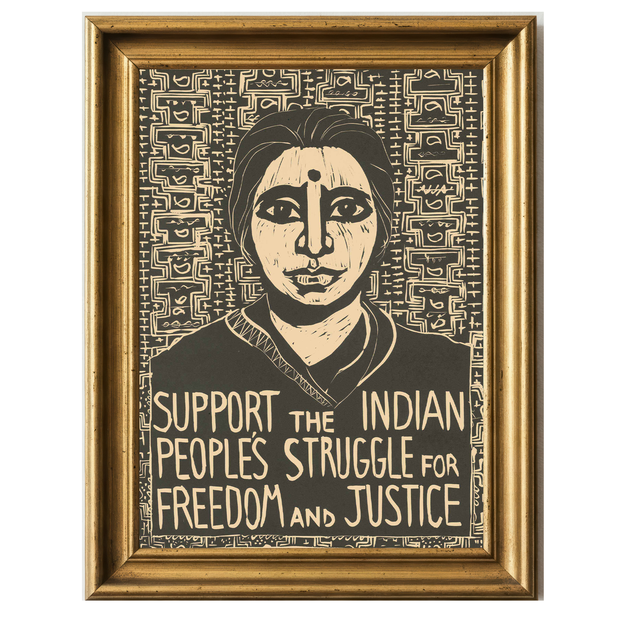 Woodcut of Indian woman with 'Support the Indian People's Struggle for Freedom and Justice' text