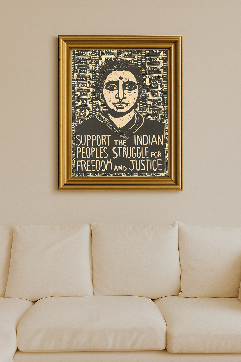 Woodcut of Indian woman with 'Support the Indian People's Struggle for Freedom and Justice' text