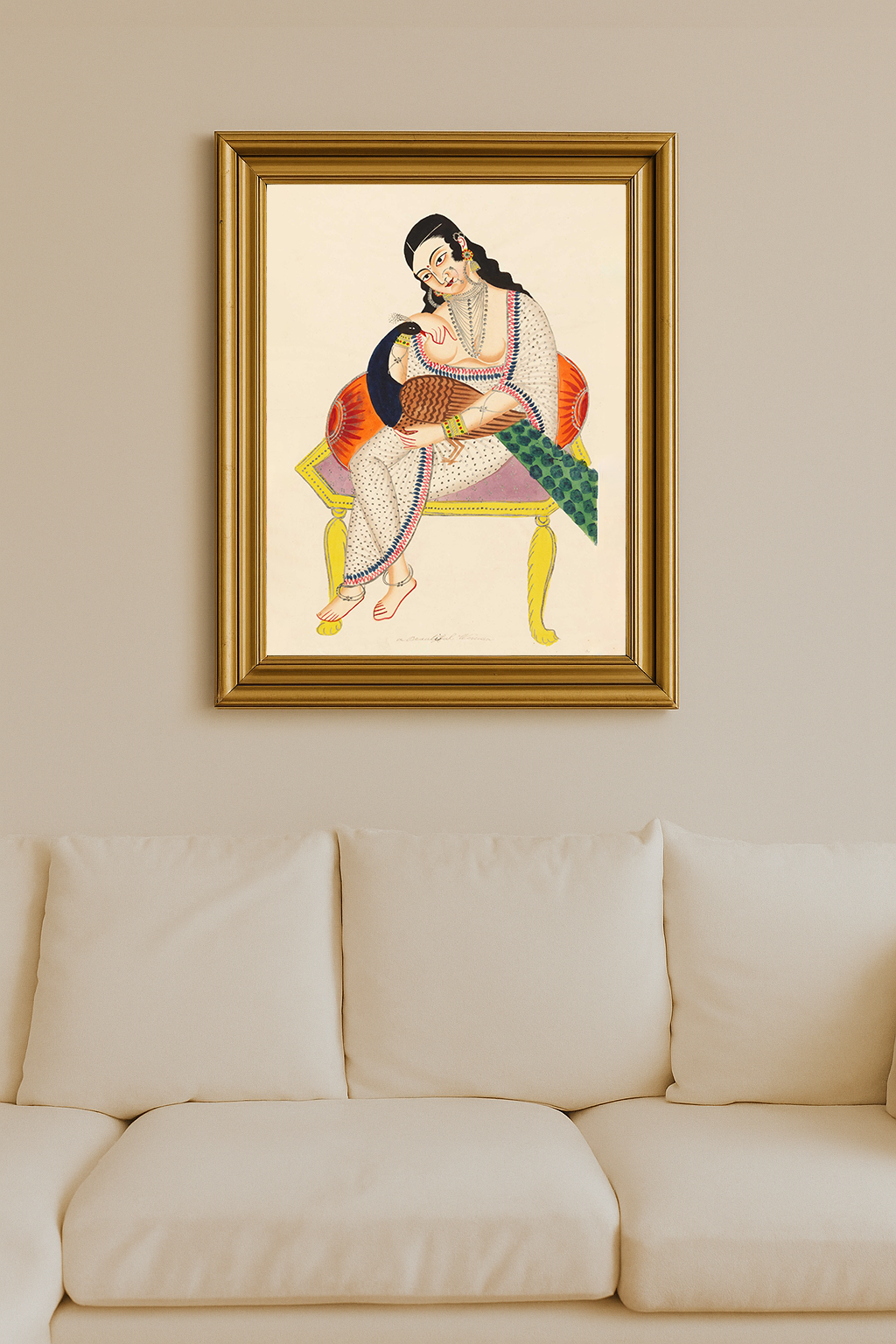 Indian painting of woman embracing a peacock