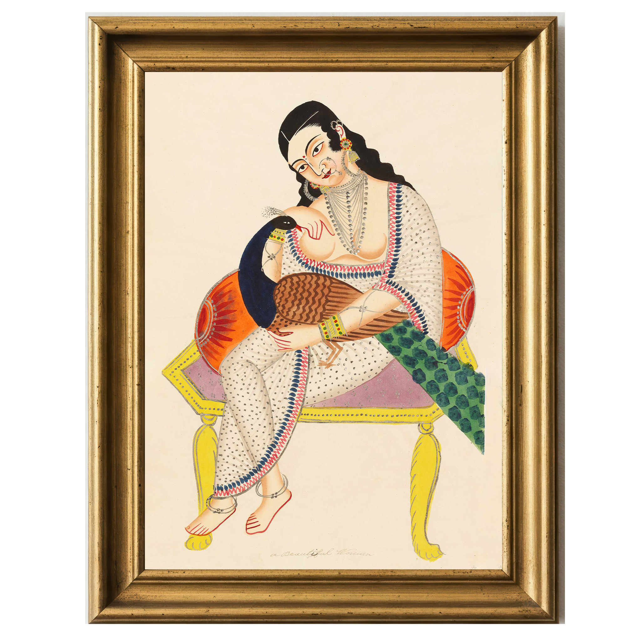 Indian painting of woman embracing a peacock