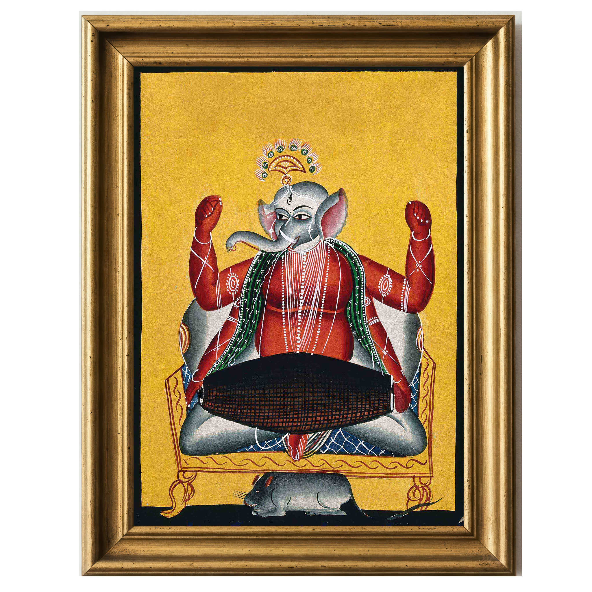 Red-skinned Lord Ganesha playing a dhola drum, seated on a yellow background.