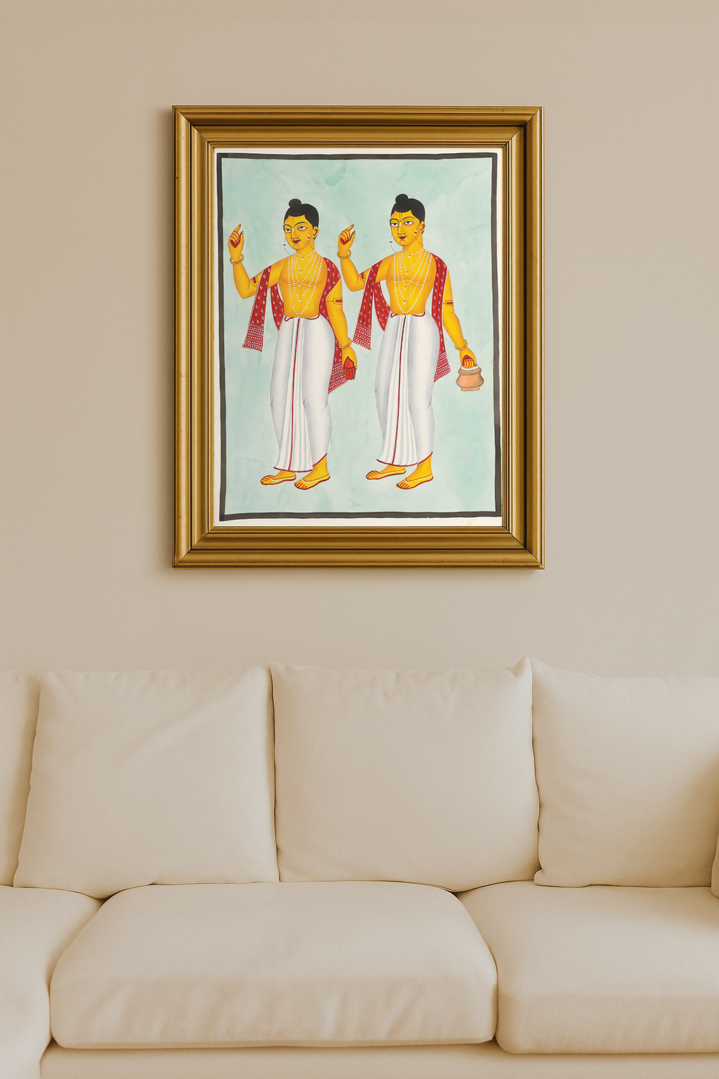 Kalighat painting of Gaur and Nitai in golden robes, red shawls and spiritual gestures.