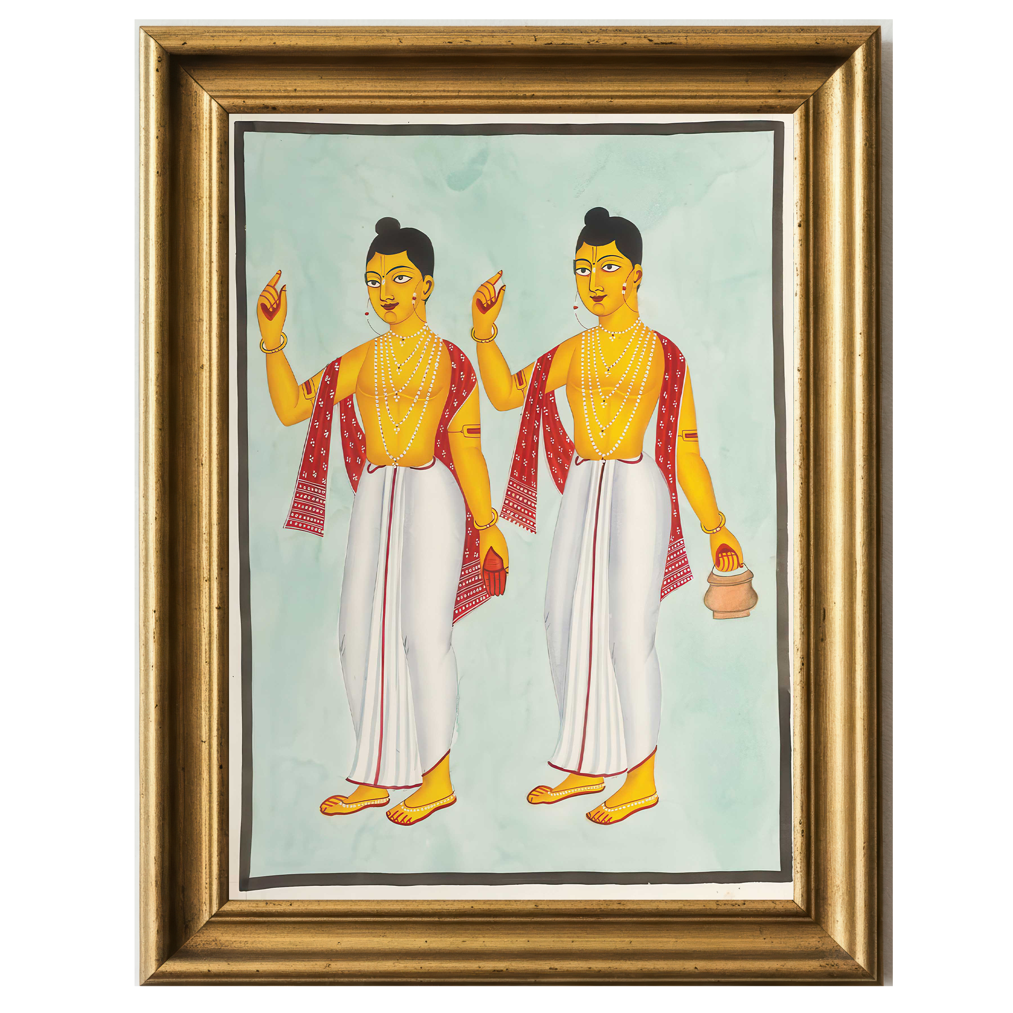 Kalighat painting of Gaur and Nitai in golden robes, red shawls and spiritual gestures.