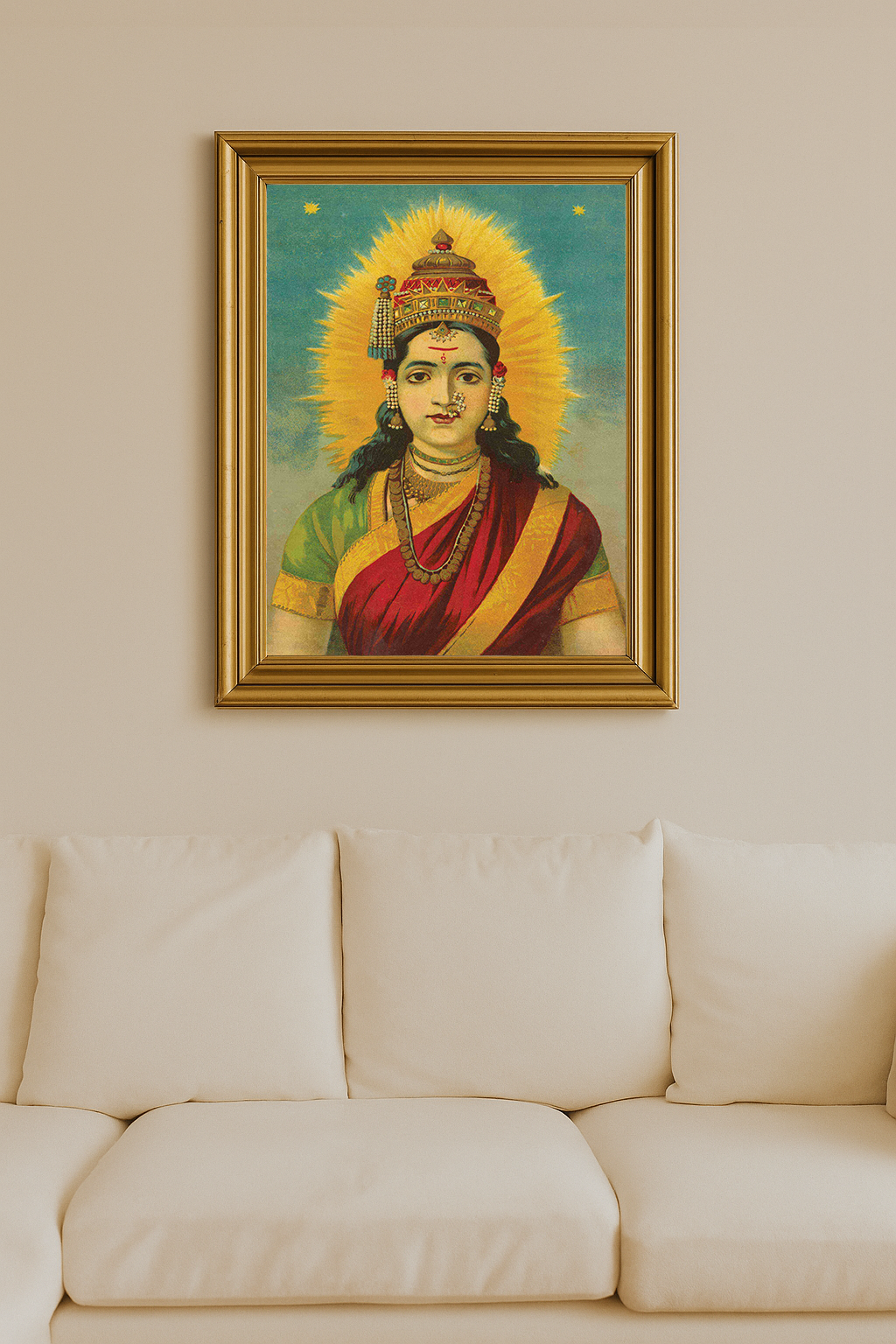 Goddess Gauri with golden halo, traditional Maharashtrian jewelry and saree.