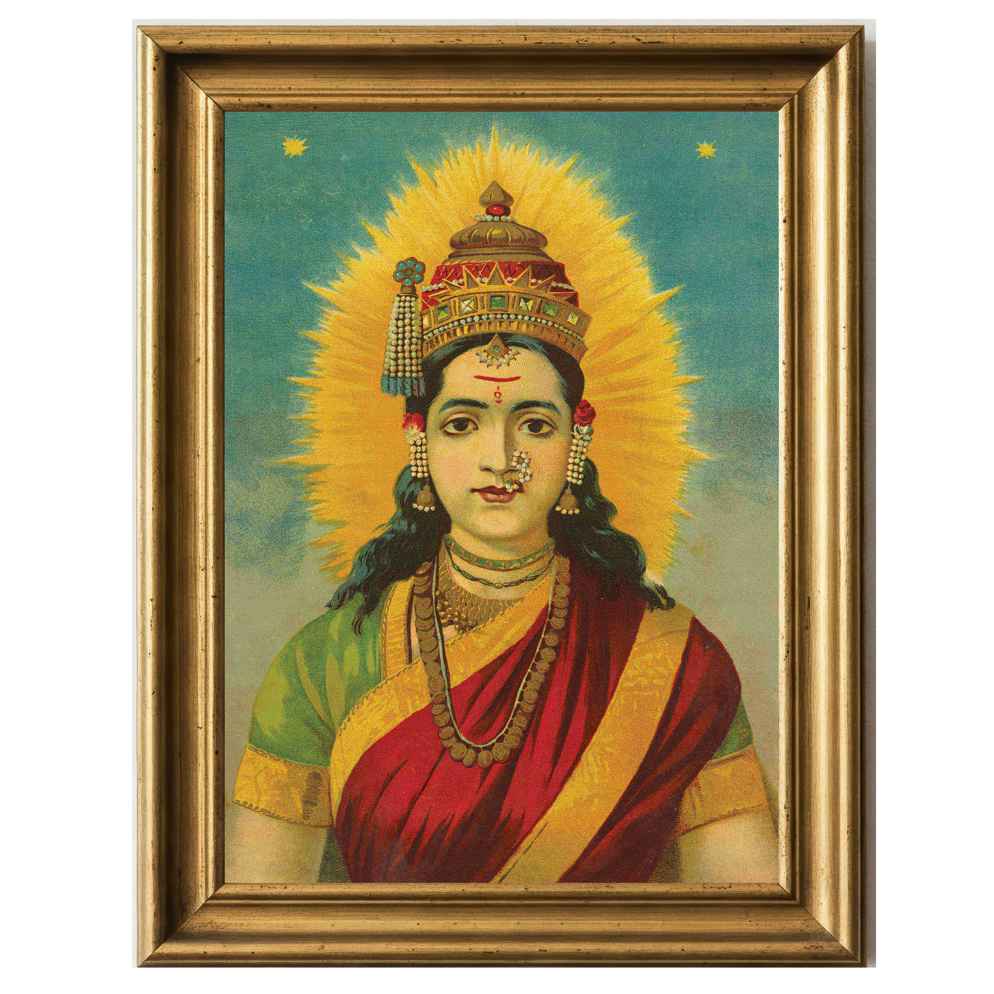 Goddess Gauri with golden halo, traditional Maharashtrian jewelry and saree.