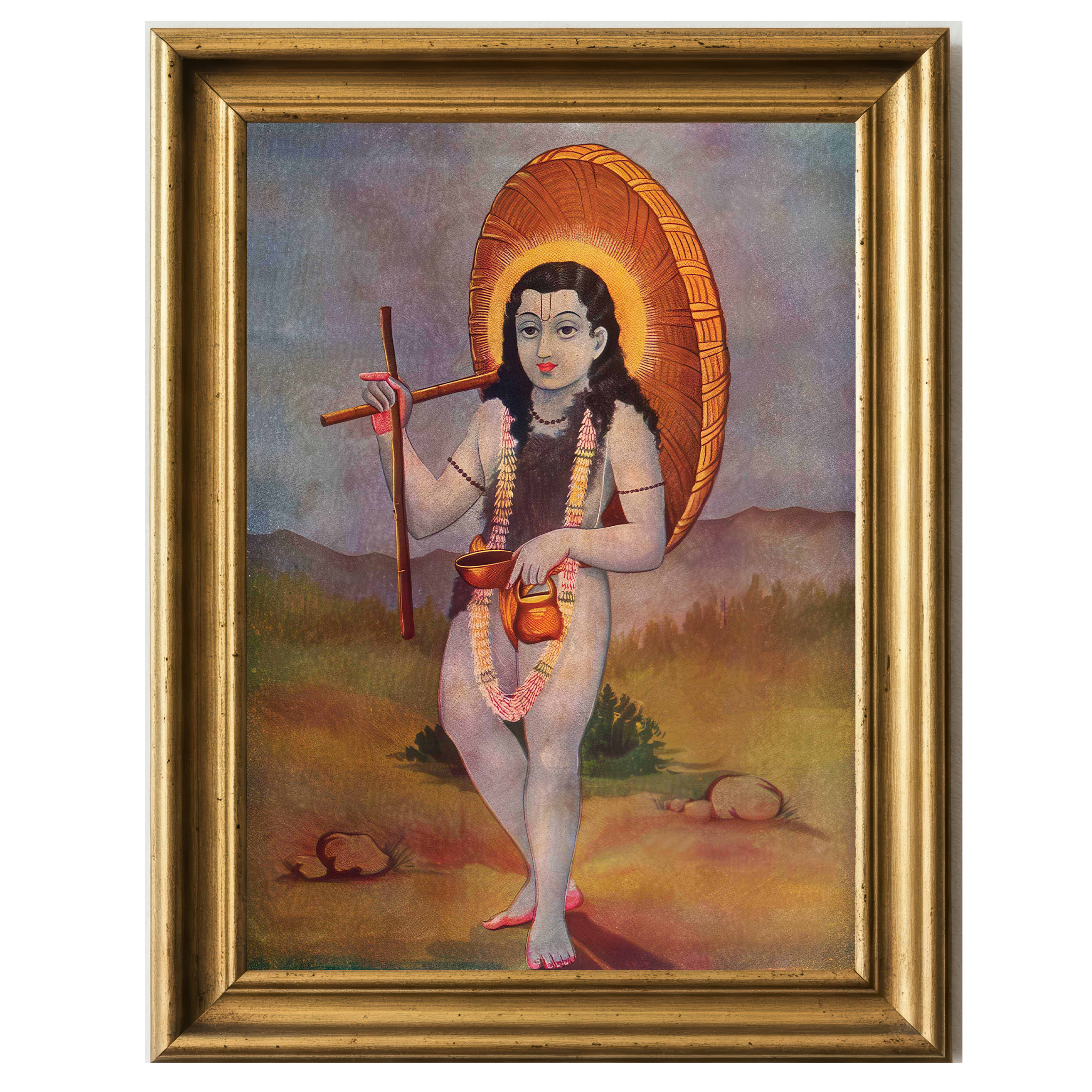 Painting of God Vamana holding parasol and pot, standing barefoot in a serene landscape