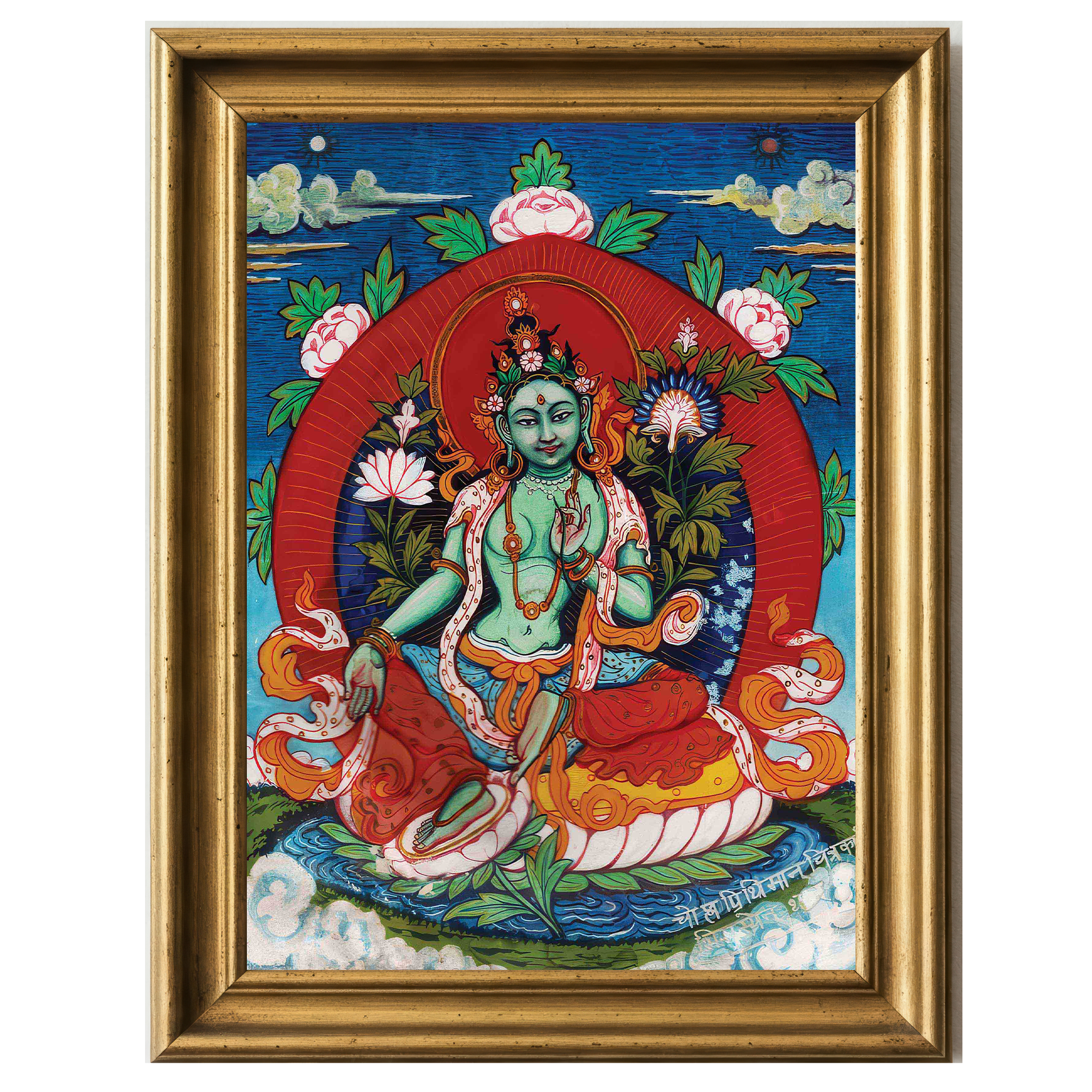 Green Tara with lotus flowers, seated gracefully in vibrant sacred surroundings