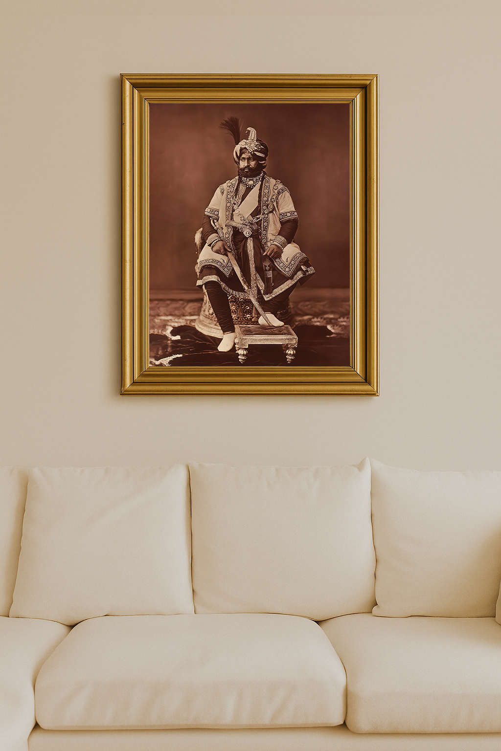 Regal portrait of the Maharaja of Jammu and Kashmir dressed in ornate robes and traditional Indian regalia.