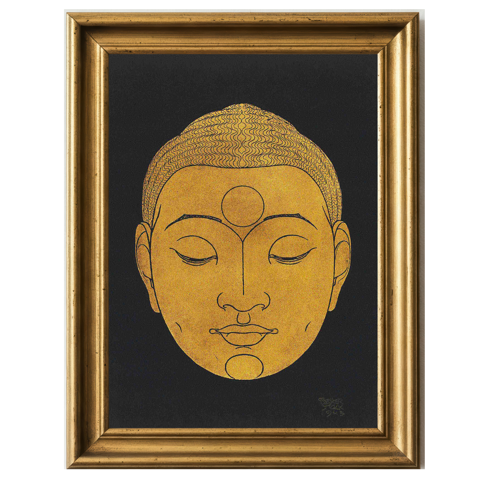Stylized golden head of Buddha with meditative expression on black background.