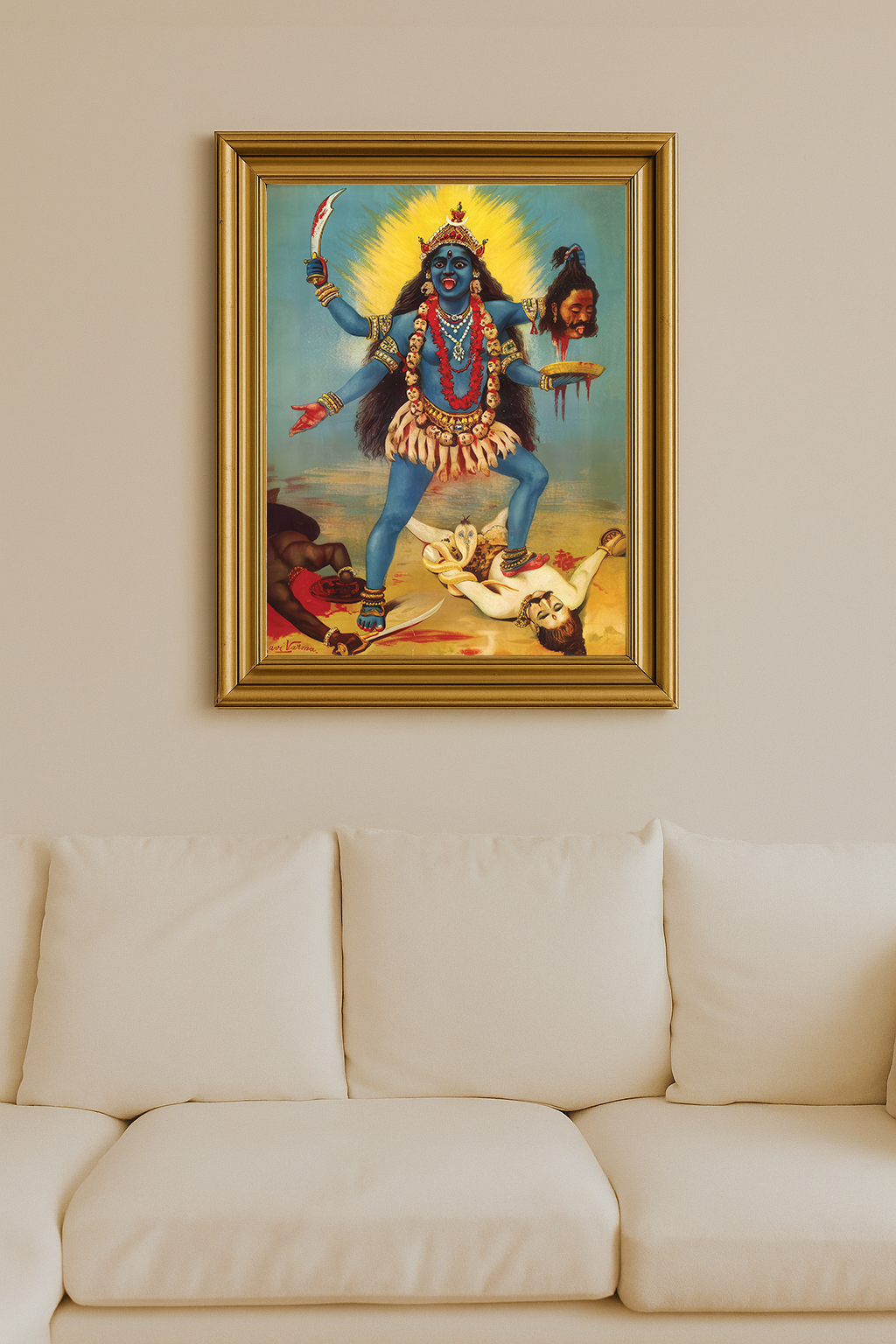 Goddess Kali depicted with blue skin, wild hair, severed head and sword, standing over a subdued Shiva.
