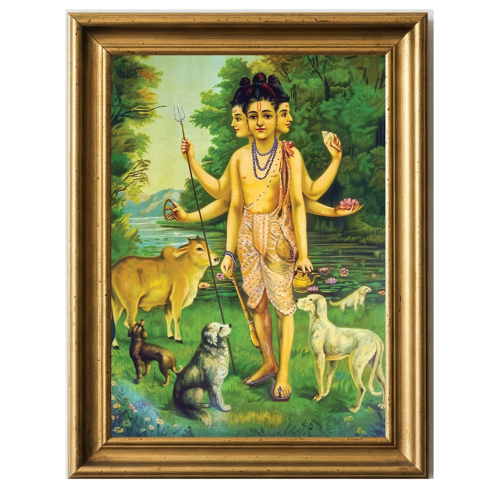 Painting of Dattatreya with six arms, surrounded by animals in a green forest