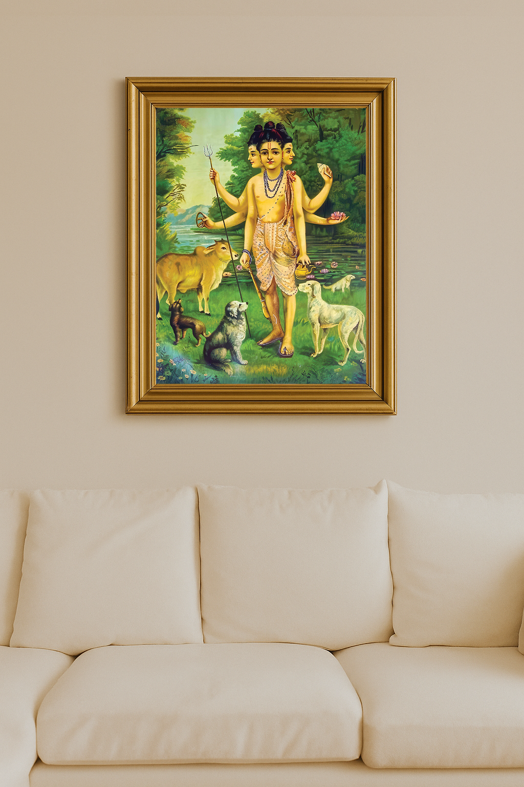 Painting of Dattatreya with six arms, surrounded by animals in a green forest