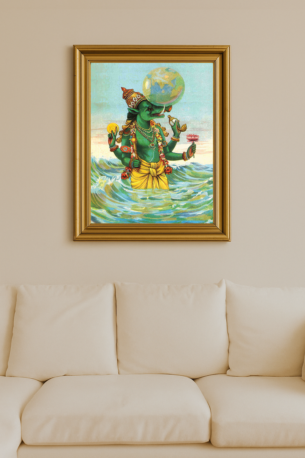 Varaha with green skin holding Earth, standing in the ocean