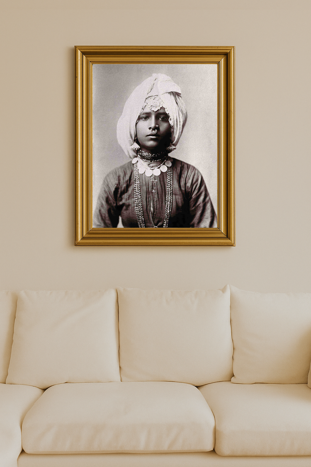 Sepia portrait of a Hindu princess wearing traditional attire and ornate jewelry, exuding regal poise.