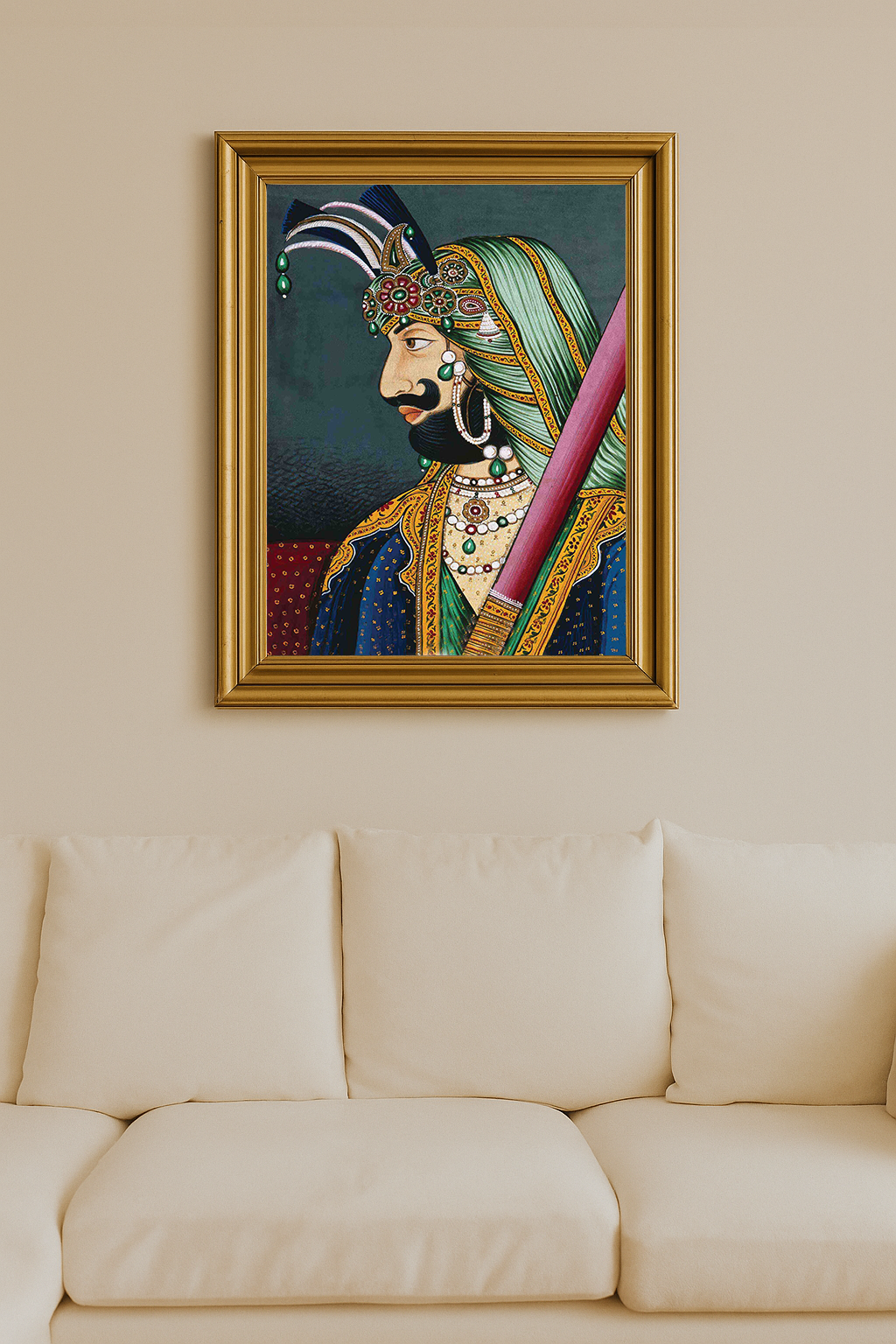 Portrait of a Hindu Raja in ornate royal attire with jeweled turban and traditional sword