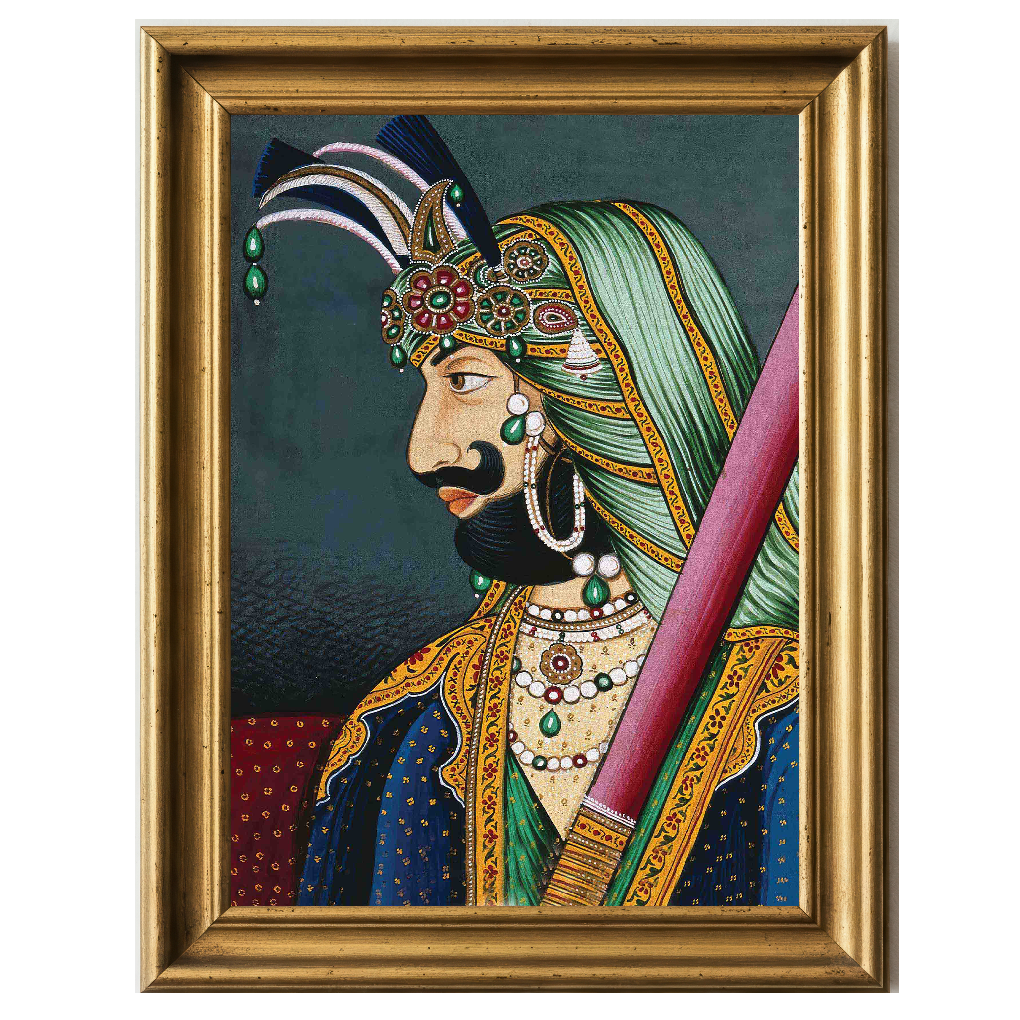 Portrait of a Hindu Raja in ornate royal attire with jeweled turban and traditional sword