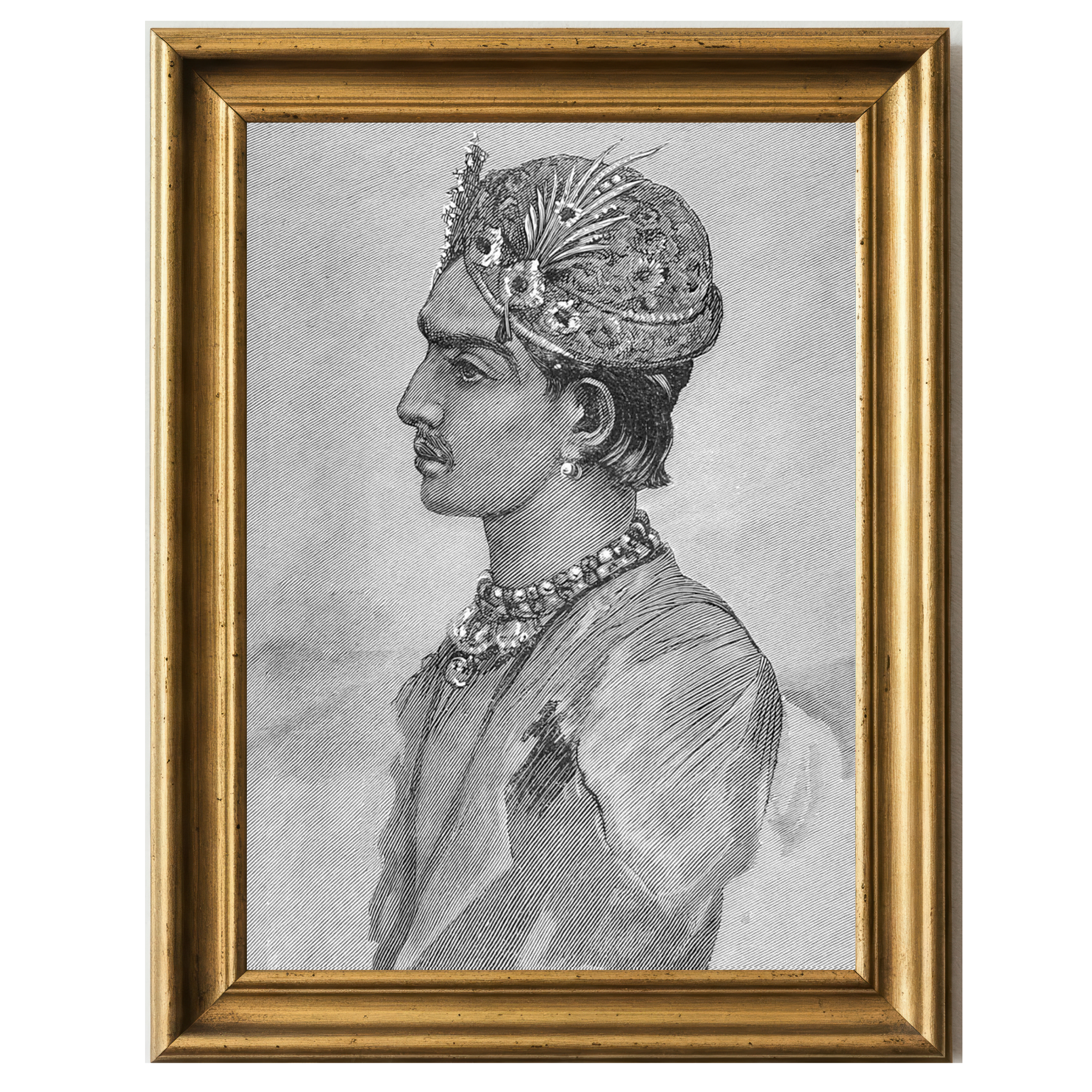Portrait engraving of Mangal Singh, Rajah of Ulwar, in profile, wearing royal attire and feathered turban