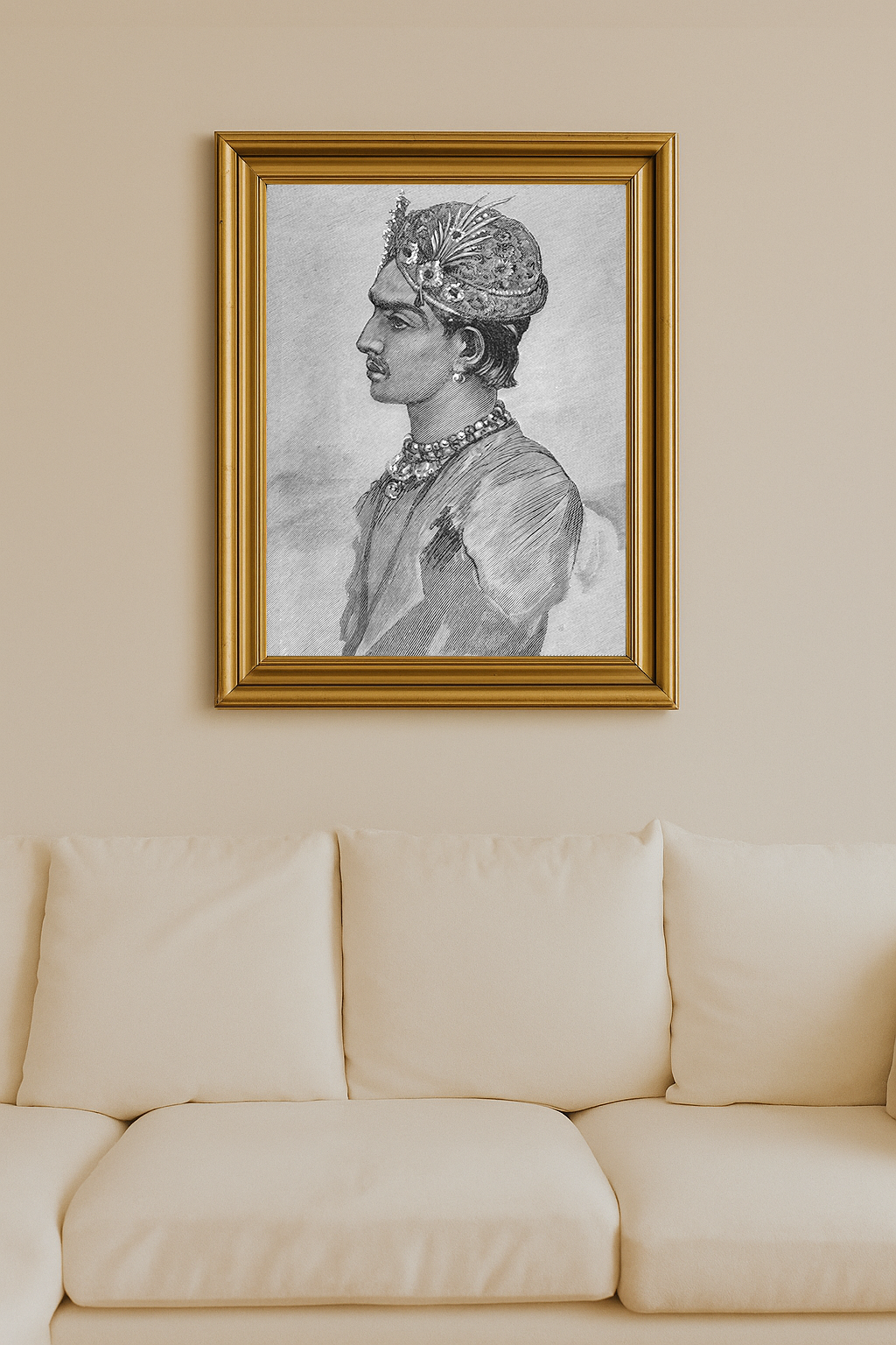 Portrait engraving of Mangal Singh, Rajah of Ulwar, in profile, wearing royal attire and feathered turban