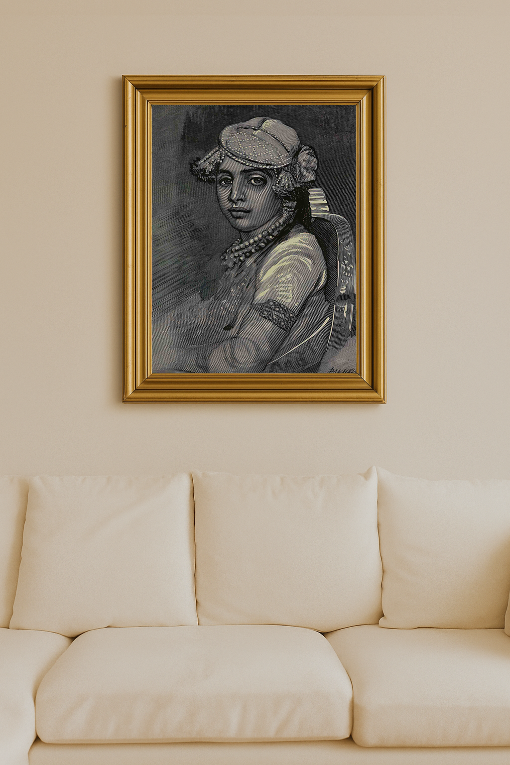 Etching of an Indian noble adorned in regal attire and turban from Imperial India, 1879