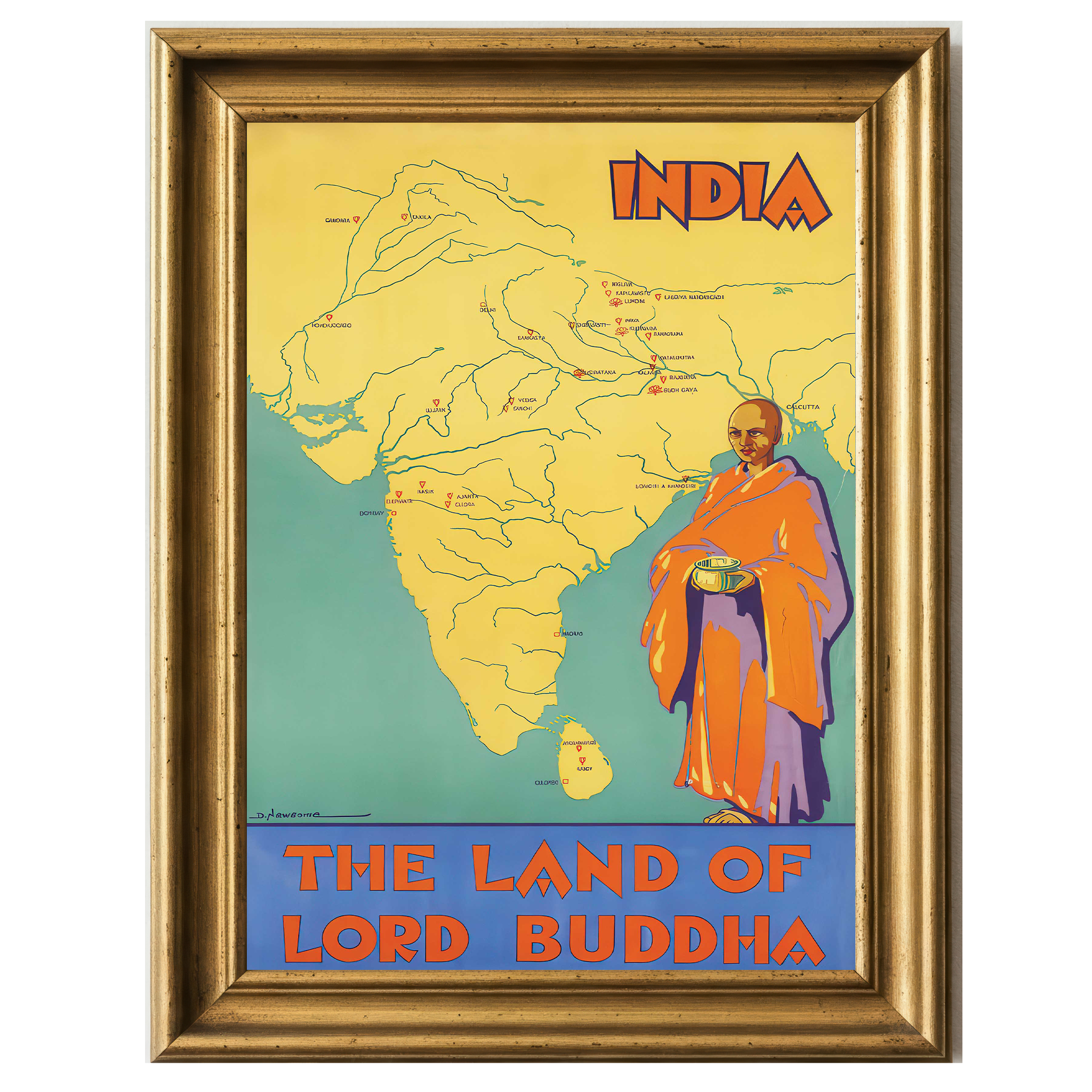 Vintage travel poster titled 'India. Vintage Travel Posters, 1920s-1930s' showing a map of India with Buddhist pilgrimage sites and a monk in orange robes.