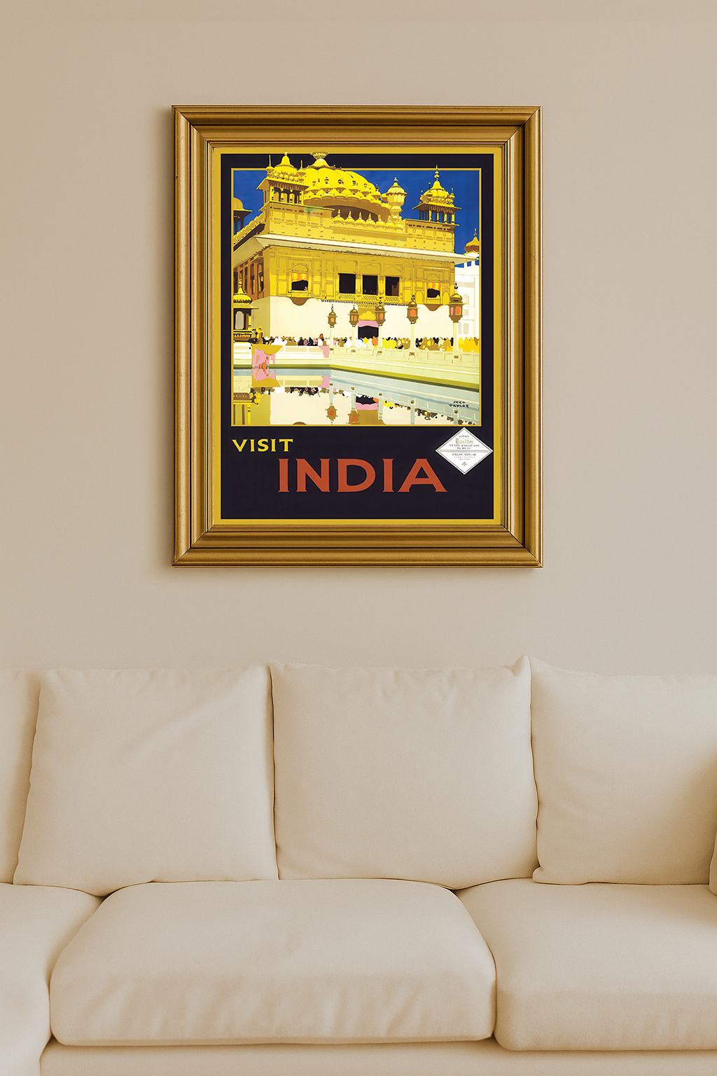 Vintage travel poster of the Golden Temple in India with reflection in water and bold yellow tones
