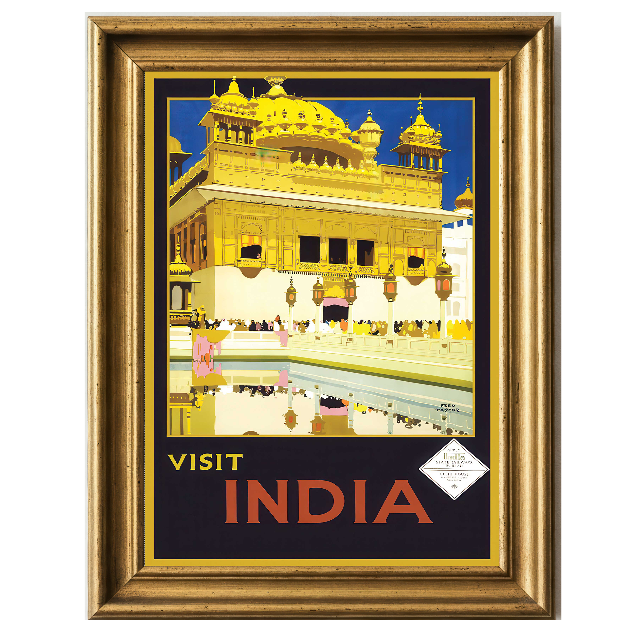 Vintage travel poster of the Golden Temple in India with reflection in water and bold yellow tones