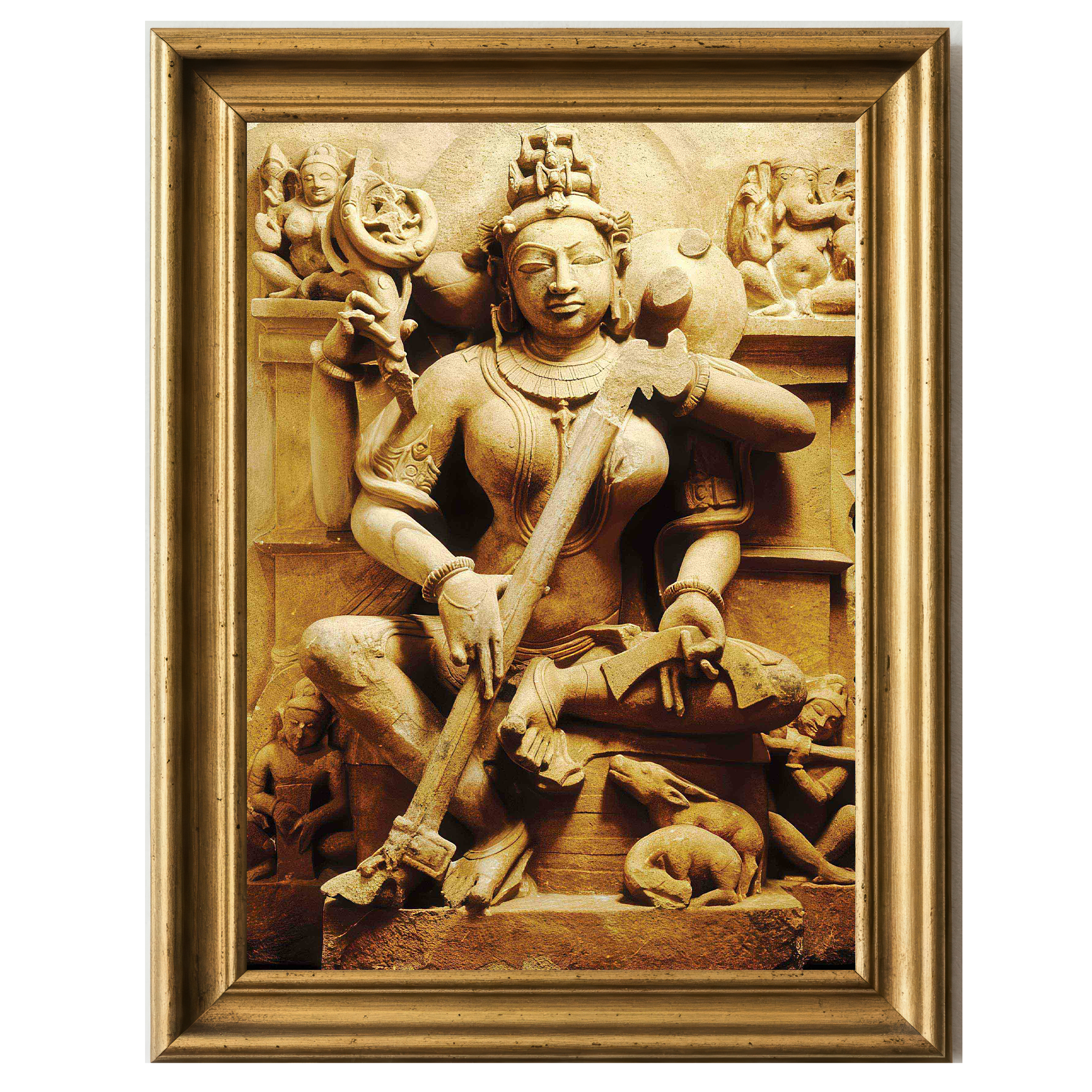 Stone sculpture of Sarasvati holding a veena, with symbolic figures and animals carved around her.