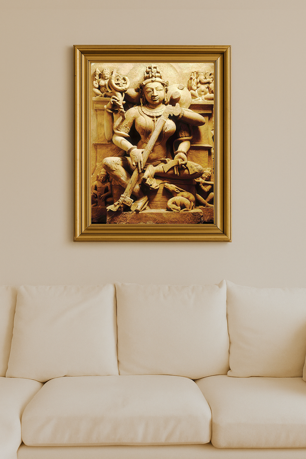 Stone sculpture of Sarasvati holding a veena, with symbolic figures and animals carved around her.