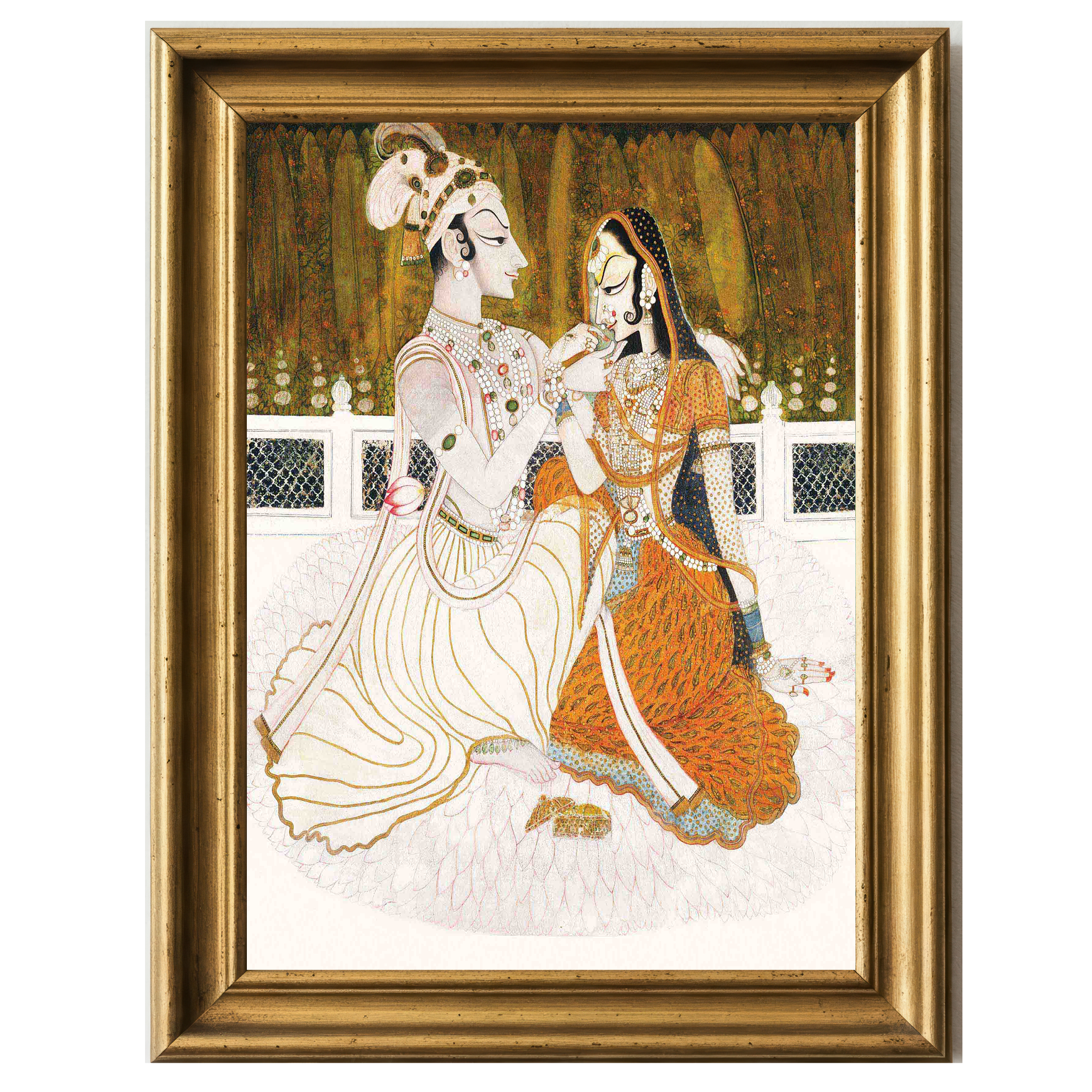 An intricately painted Indian couple seated together, adorned in traditional attire, sharing a loving gesture in a lush garden setting.