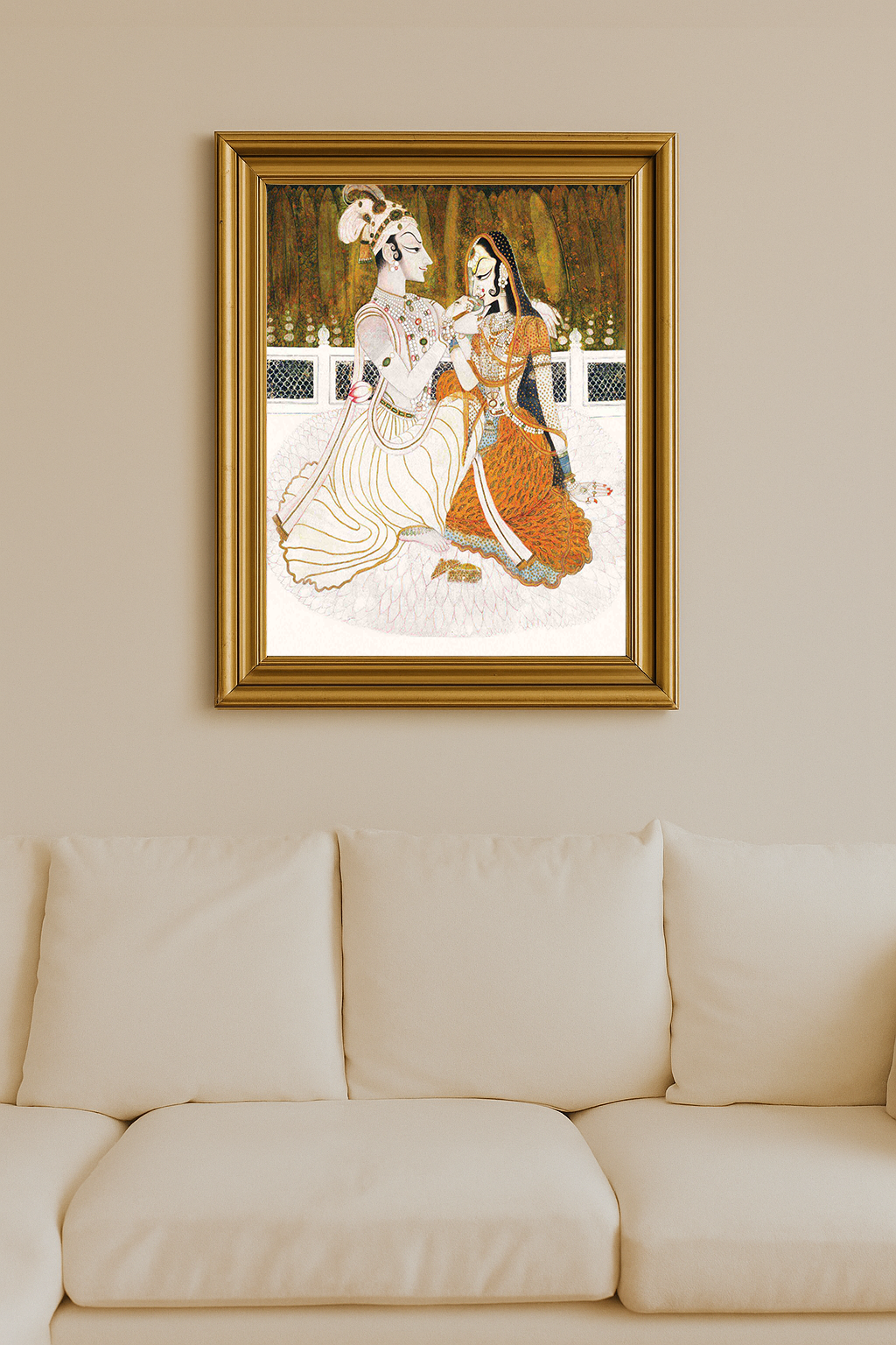 An intricately painted Indian couple seated together, adorned in traditional attire, sharing a loving gesture in a lush garden setting.