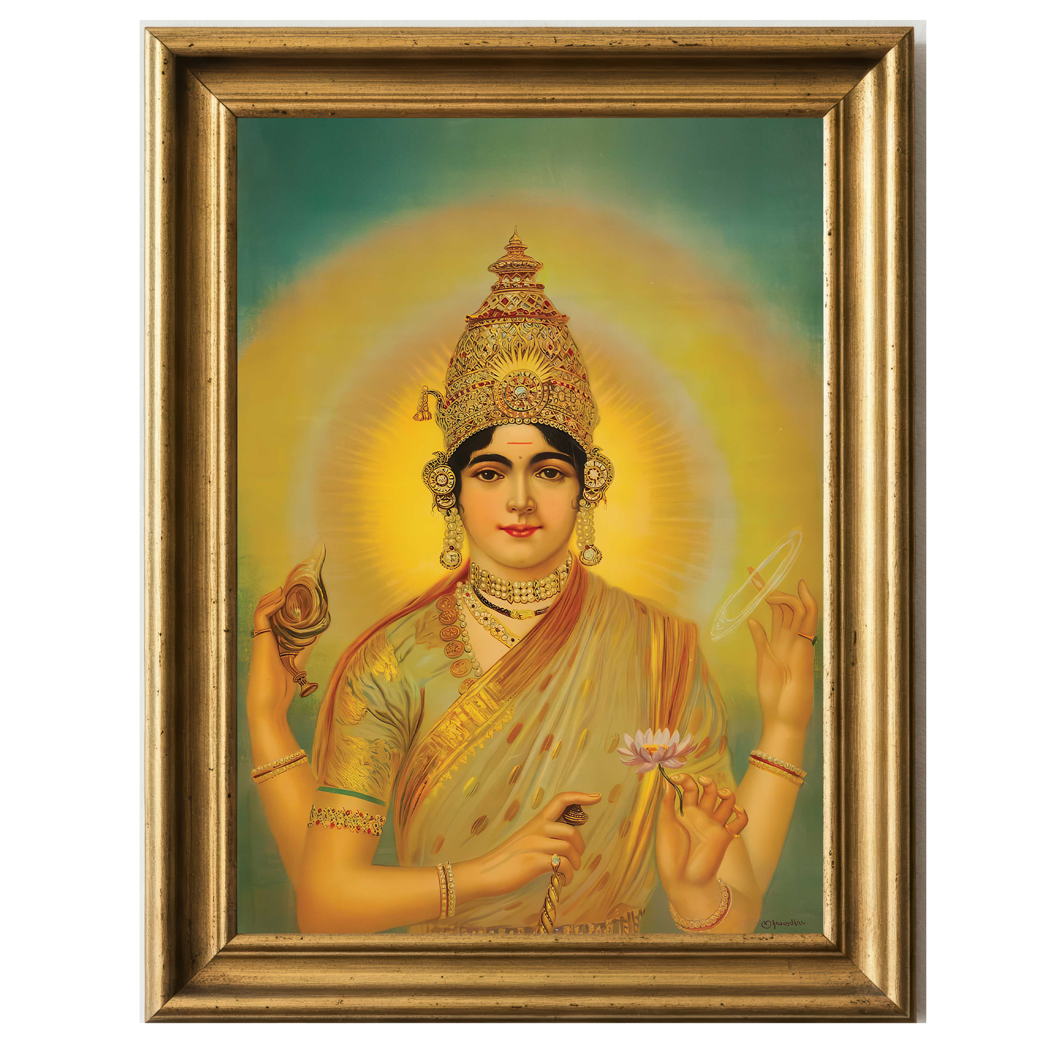 Painting of Indira Devi holding sacred objects and a lotus, with golden aura and traditional attire
