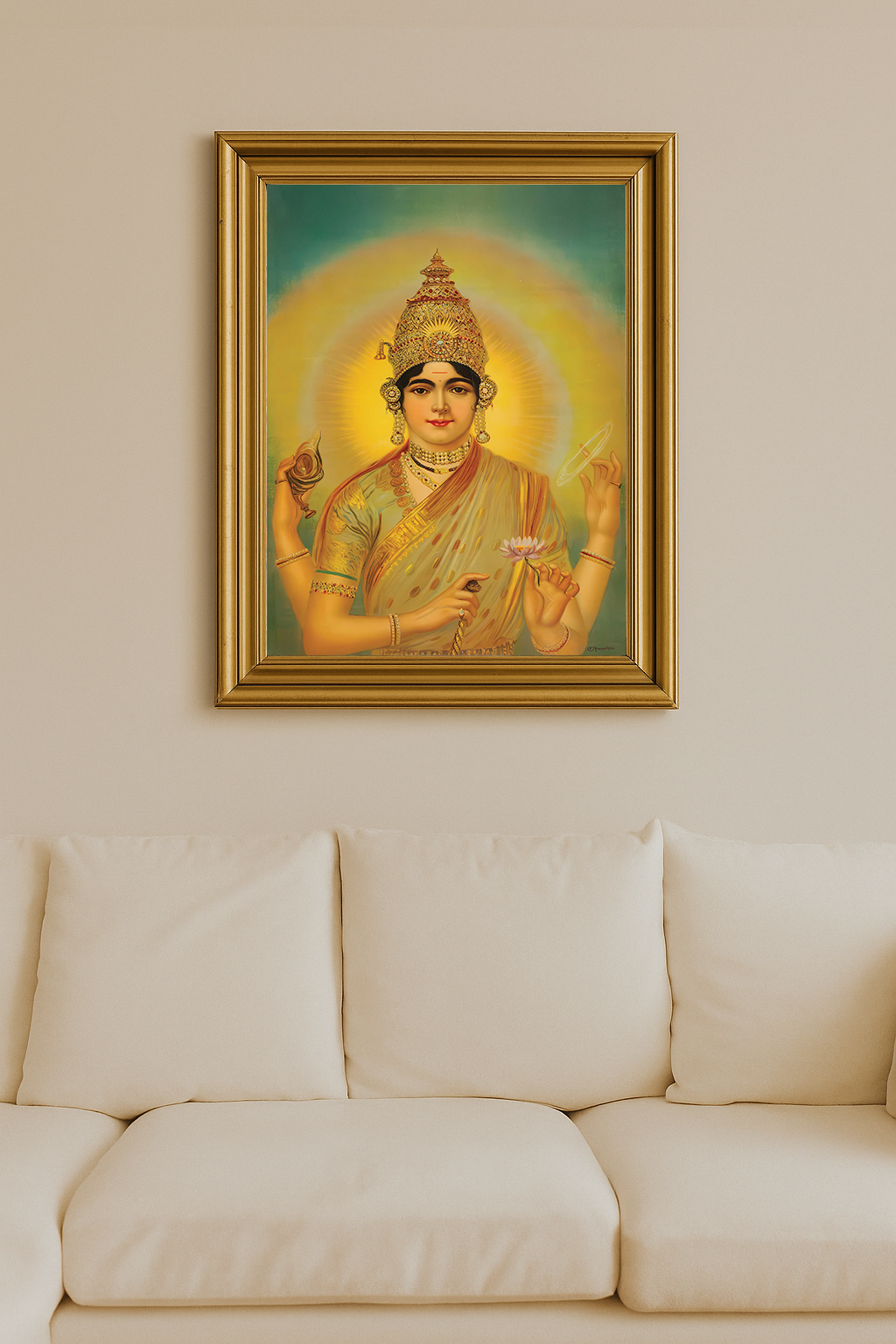 Painting of Indira Devi holding sacred objects and a lotus, with golden aura and traditional attire