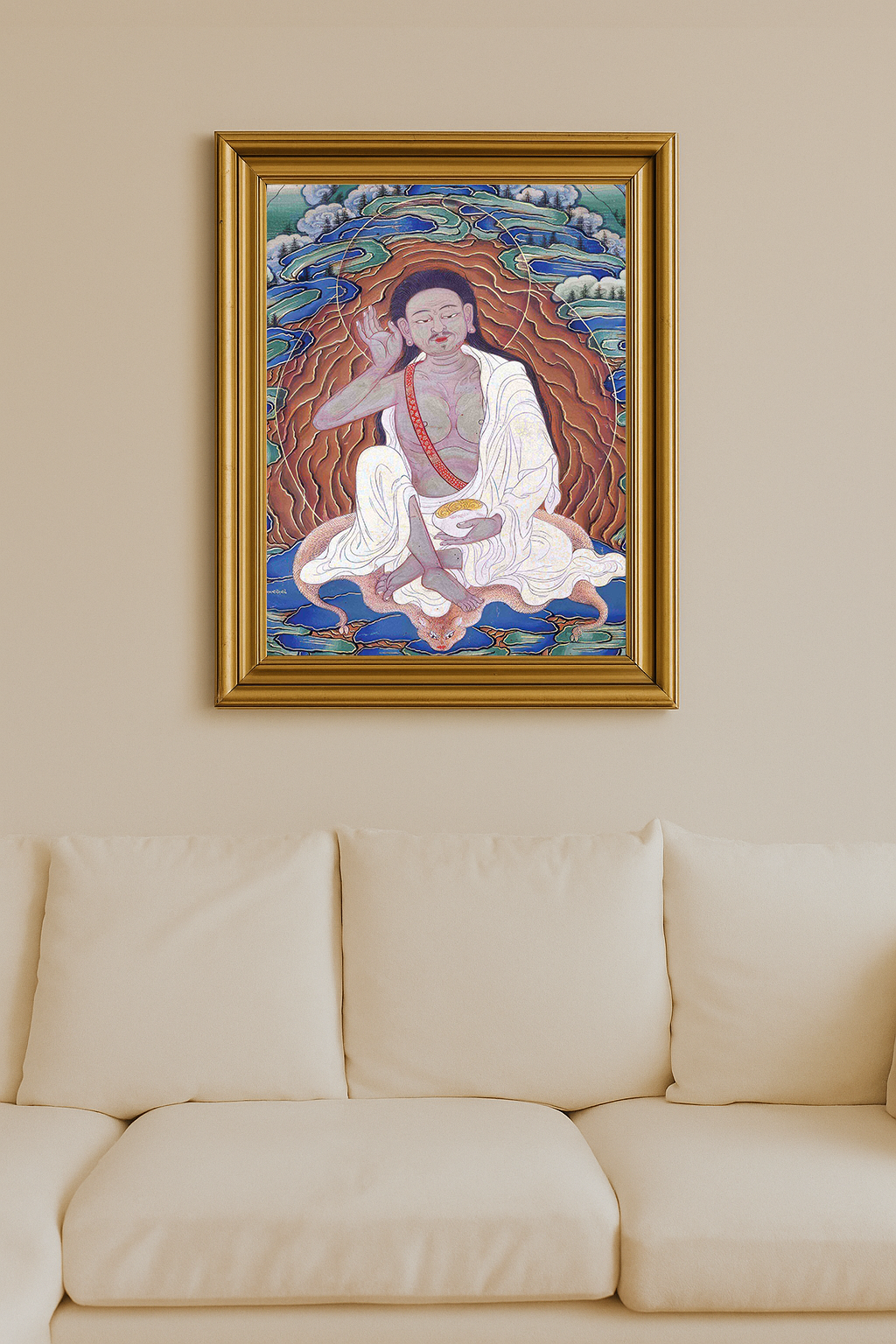 Bhutanese painted thanka of Milarepa, seated on tiger skin in meditation with one hand raised to ear.